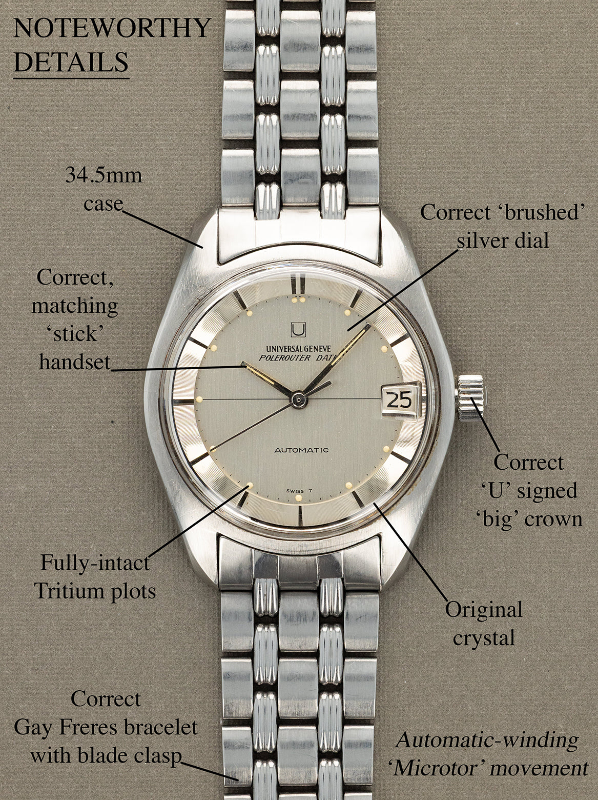 Universal Genève Polerouter Date Ref. 869119/02 - 'Brushed' Silver Dial Gay Frères Bracelet