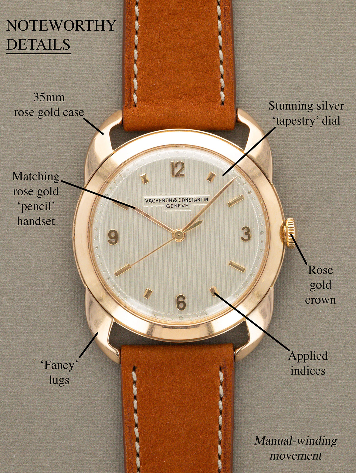 Vacheron Constantin 'Fancy' Lug Dress Watch - Rose Gold w/ Silver 'Tapestry' Dial