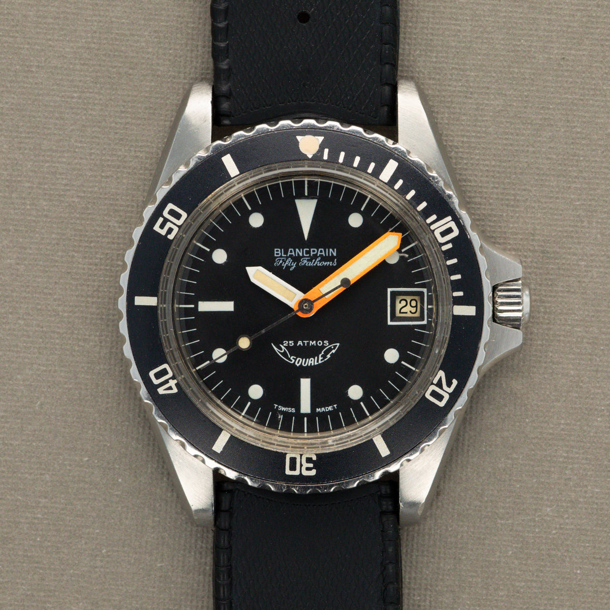 Vintage Blancpain Fifty Fathoms with Squale shark logo and signature at six o’clock, circa 1970