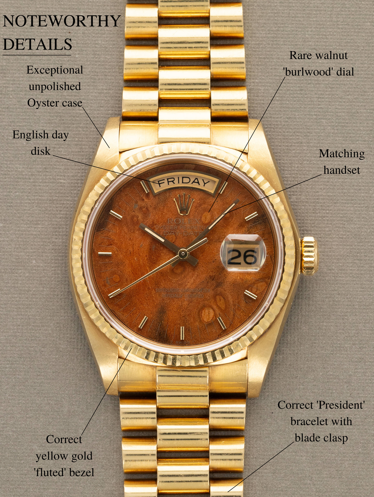 Rolex Day-Date Ref. 18038 - 'Burlwood' Dial Unpolished