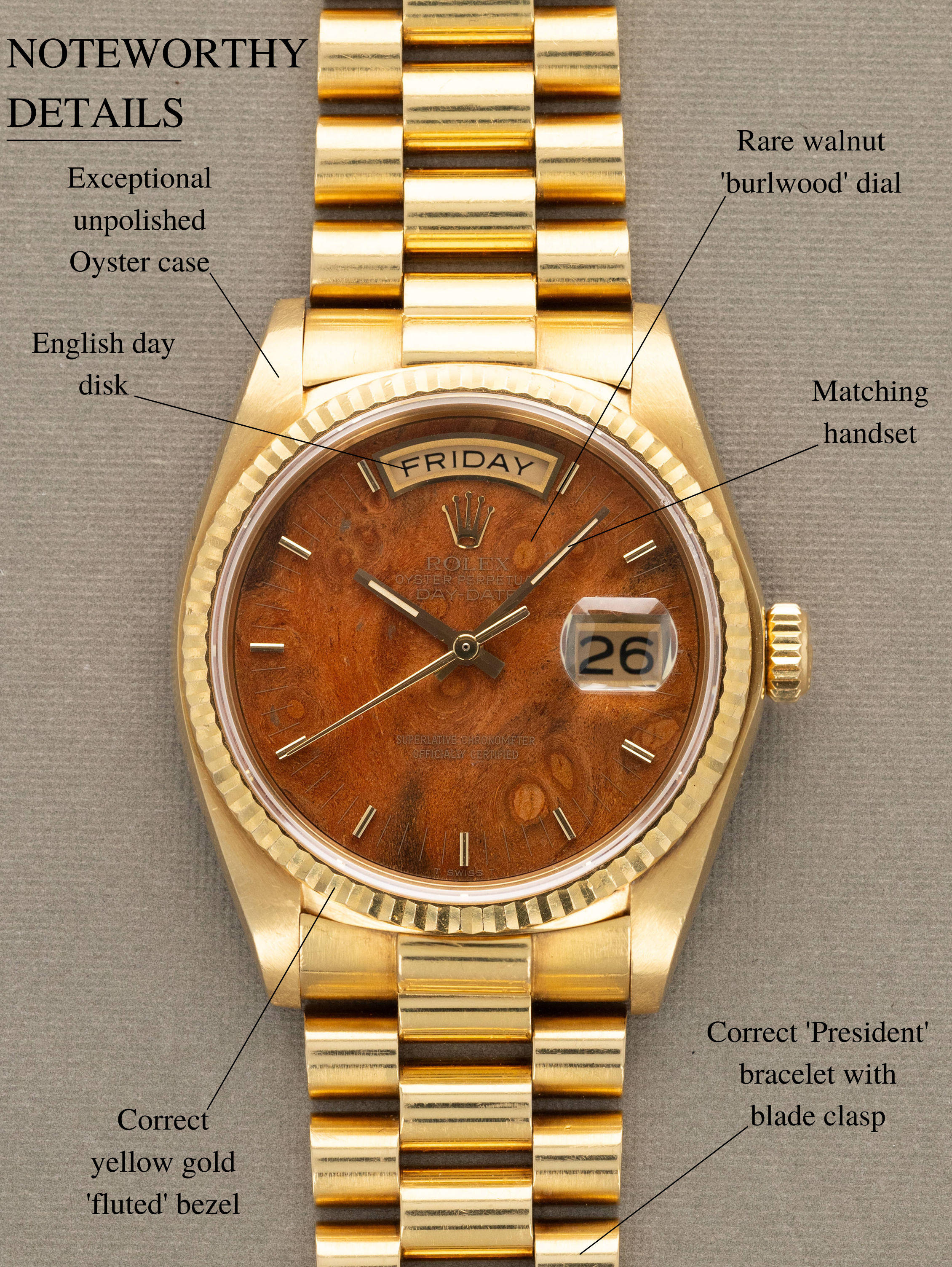Rolex Day-Date Ref. 18038 - 'Burlwood' Dial Unpolished