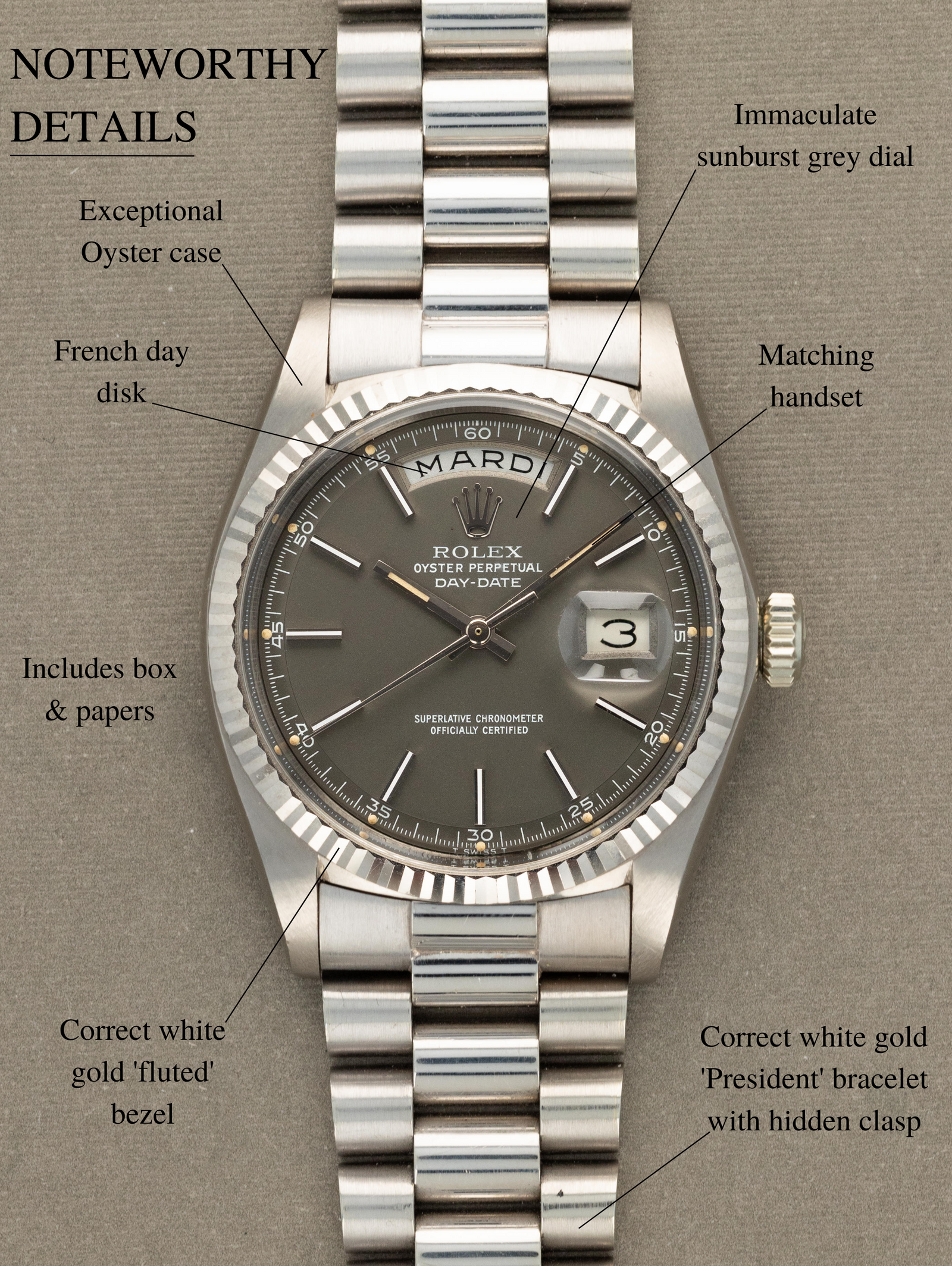 Rolex Day-Date Ref. 1803/9 - Satin Grey Dial Unpolished W/ Box & Papers