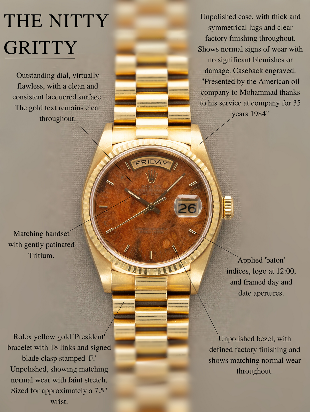 Rolex Day-Date Ref. 18038 - 'Burlwood' Dial Unpolished