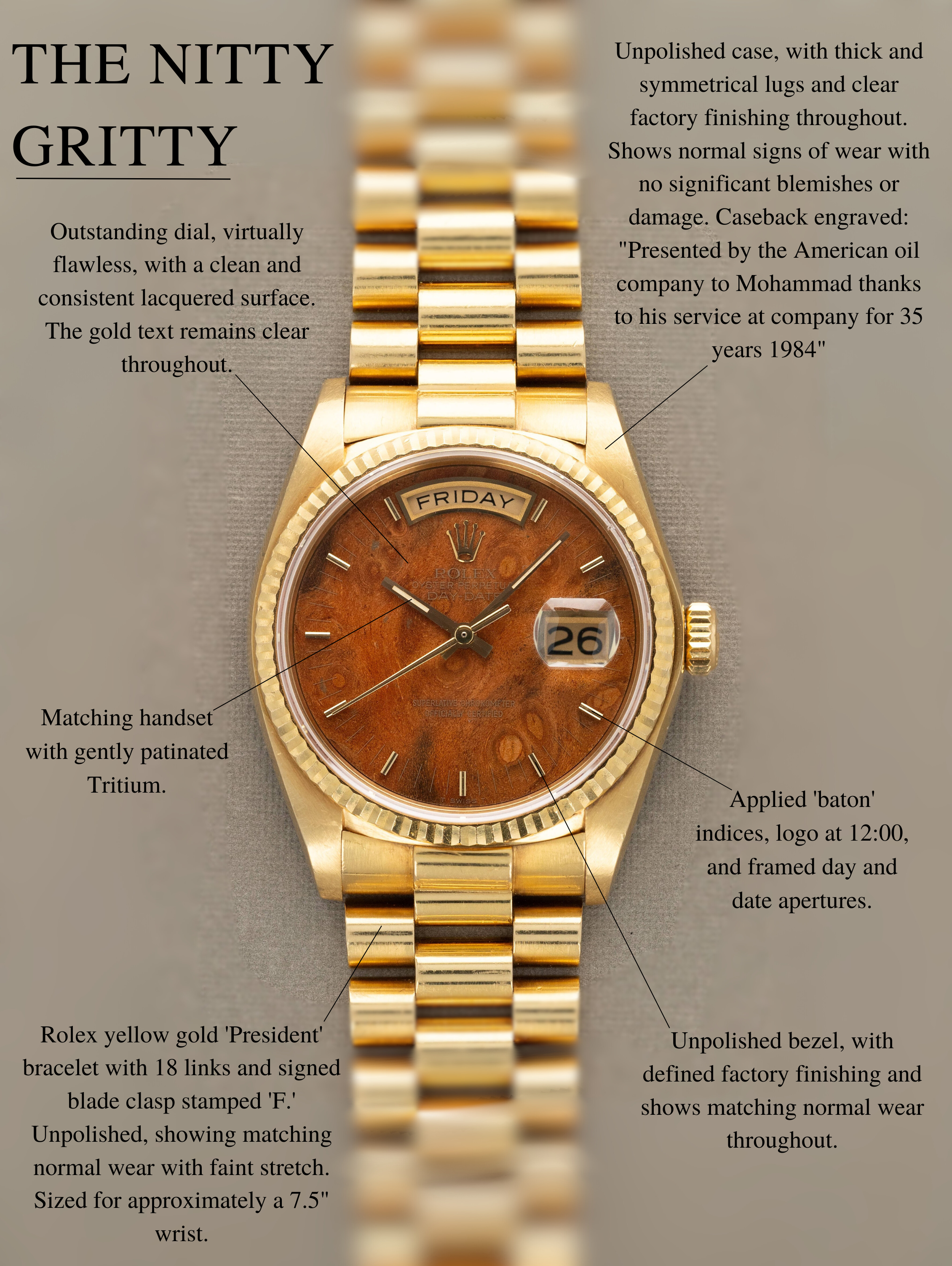 Rolex Day-Date Ref. 18038 - 'Burlwood' Dial Unpolished