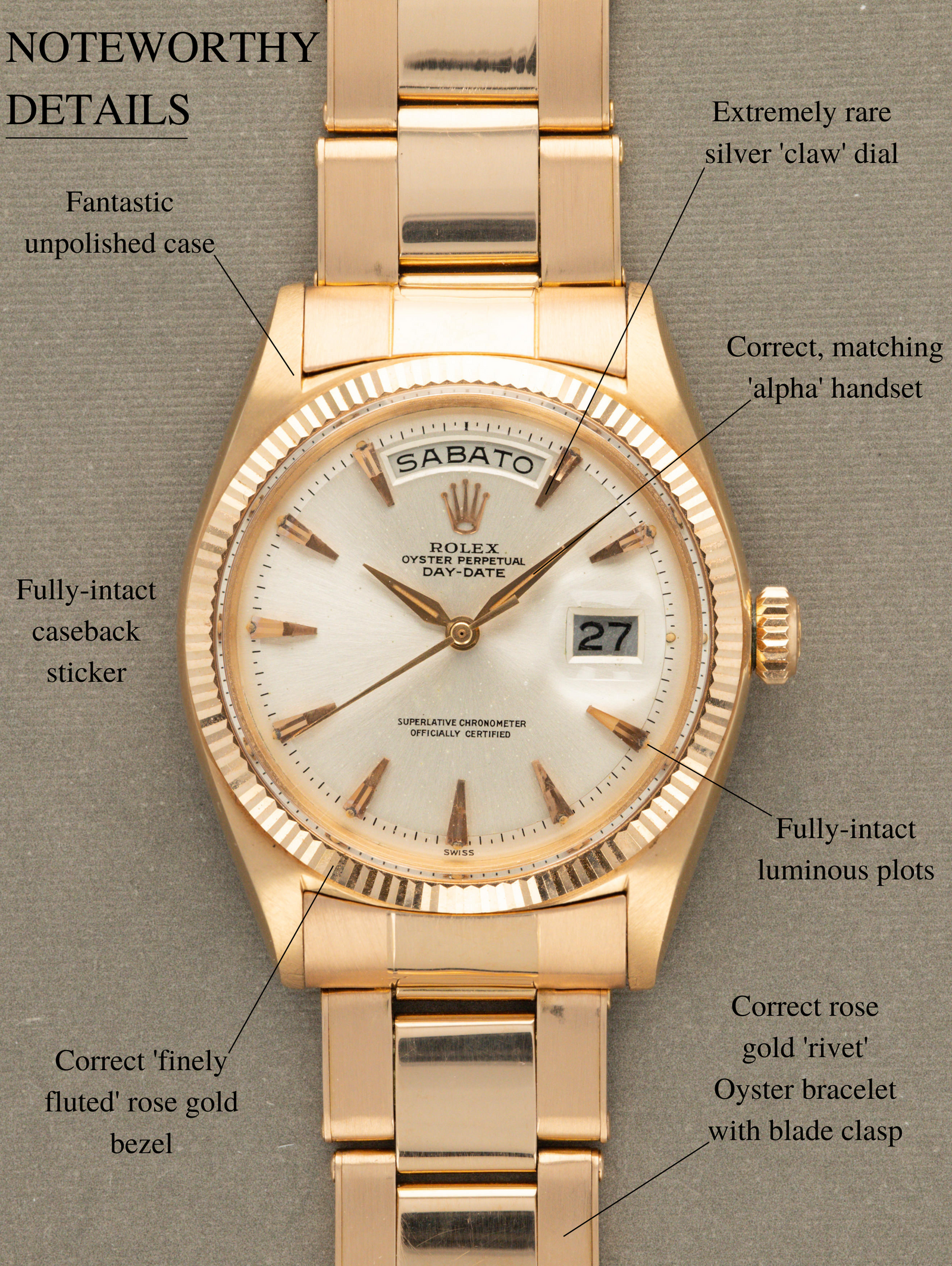 Rolex Day-Date Ref. 1803 - Rose Gold w/ Silver 'Claw' Dial LNOS w/ Caseback Sticker
