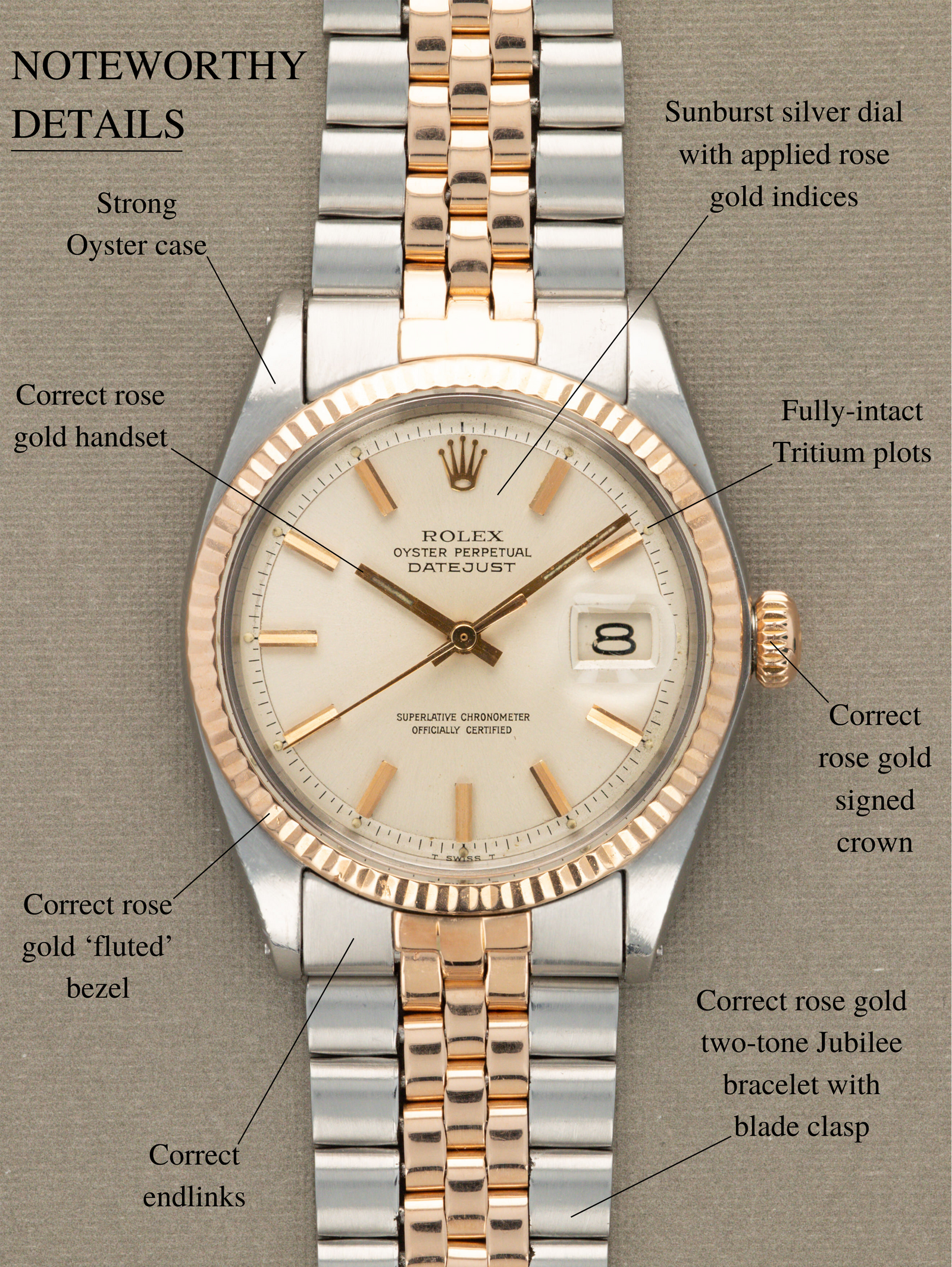Rolex Datejust Ref. 1601 Two-Tone Rose Gold  - Sunburst Silver Dial w/ Papers