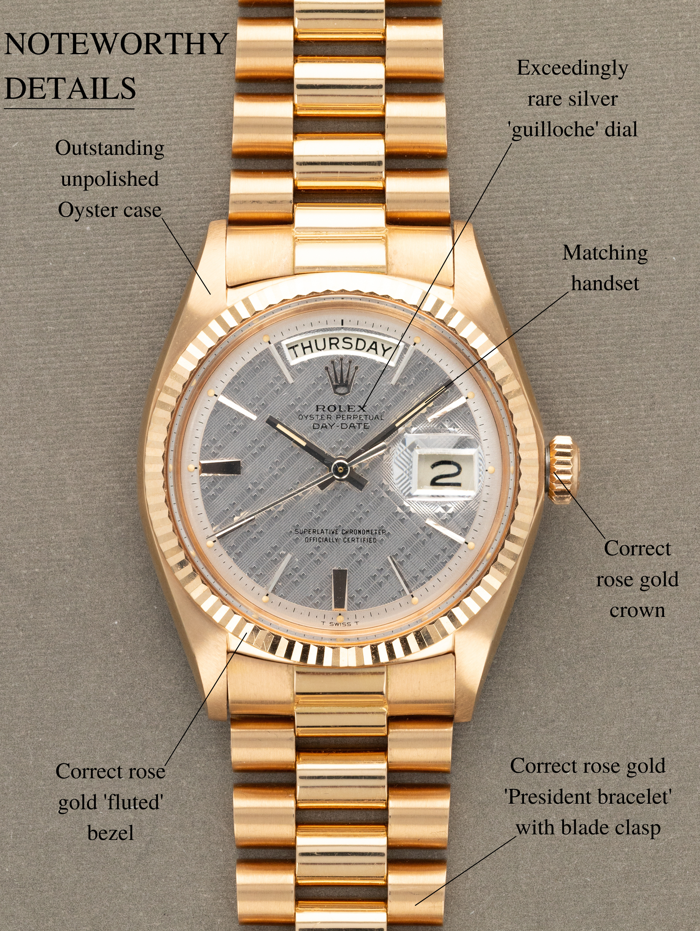 Rolex Day-Date Ref. 1803 - Rose Gold w/ Silver 'Guilloche' Dial Unpolised