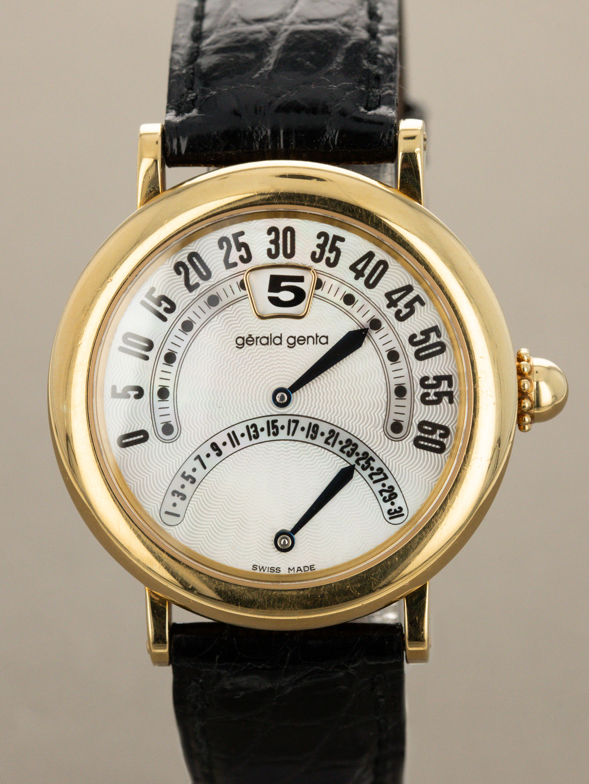 Gérald Genta BiRetro Jump Hour Ref. G.3734 - 'White 'Guilloche' MOP Dial Unpolished w/ Booklet