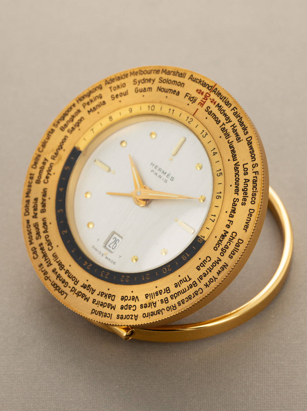Hermès World Time Alarm Travel Clock - W/ Leather Zip-Pouch