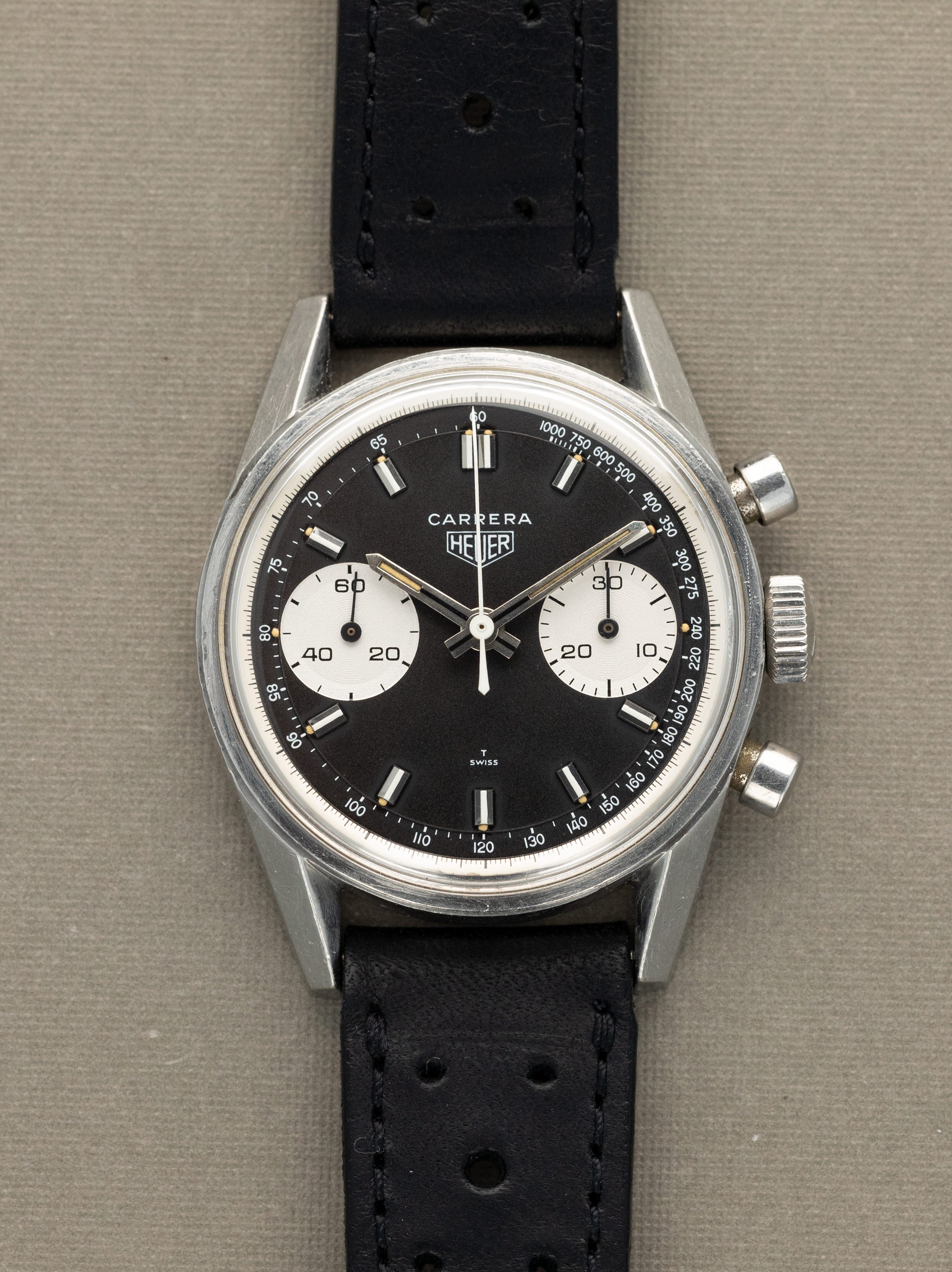 Heuer Carrera Ref. 7753NT - Matte Black 'Reverse-Panda' Dial Unpolished