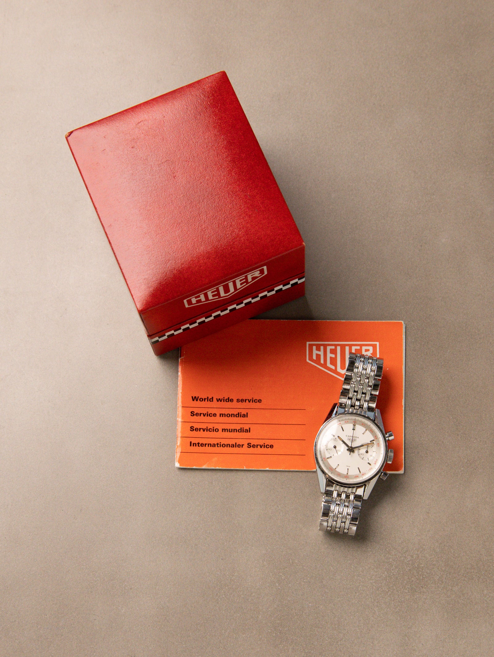 Heuer Carrera Ref. 3647T - Sunburst Silver 'Red Tachy' Dial Unpolished w/ Box & Papers