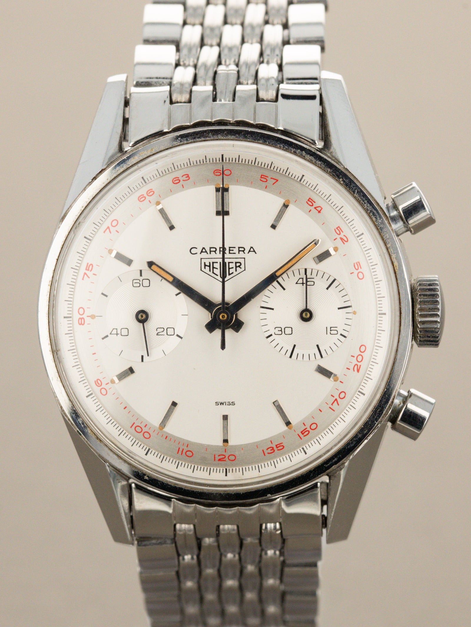Heuer Carrera Ref. 3647T - Sunburst Silver 'Red Tachy' Dial Unpolished w/ Box & Papers