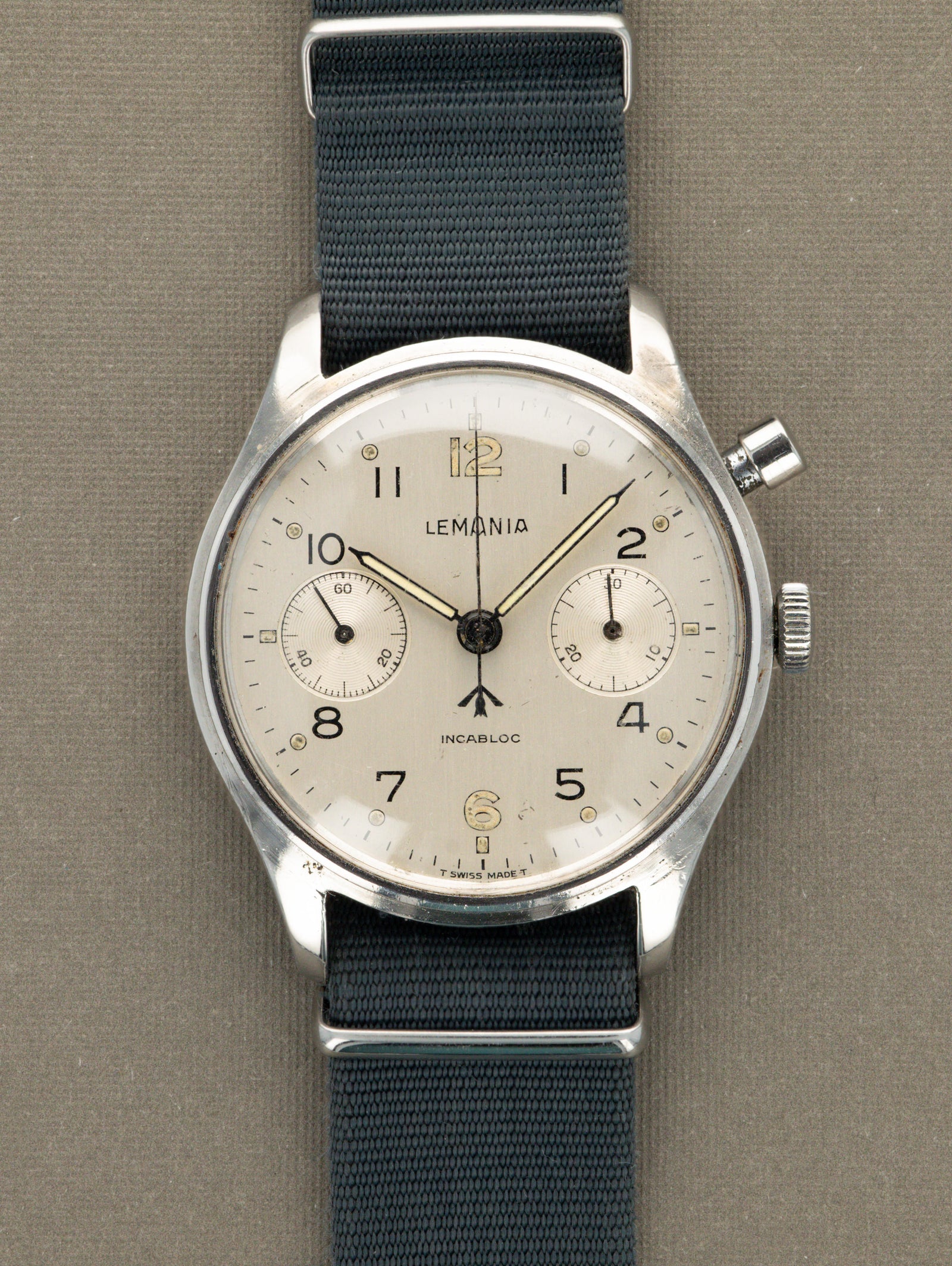 Lemania H.S.9 Monopusher Chronograph - 'Brushed' Silver Dial British Military Issued