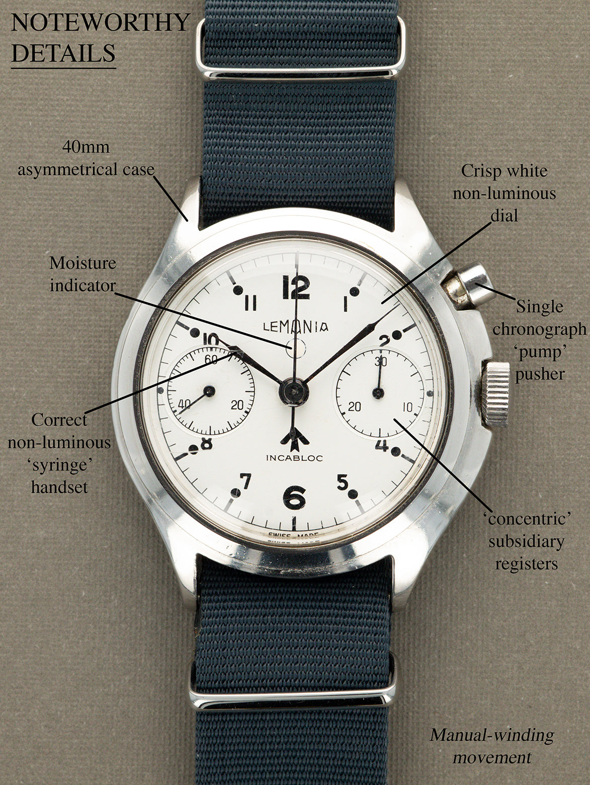 Lemania Monopusher Chronograph Ref. 0552/924-3306 - Gloss White Non-Luminous Dial w/ Moisture Indicator