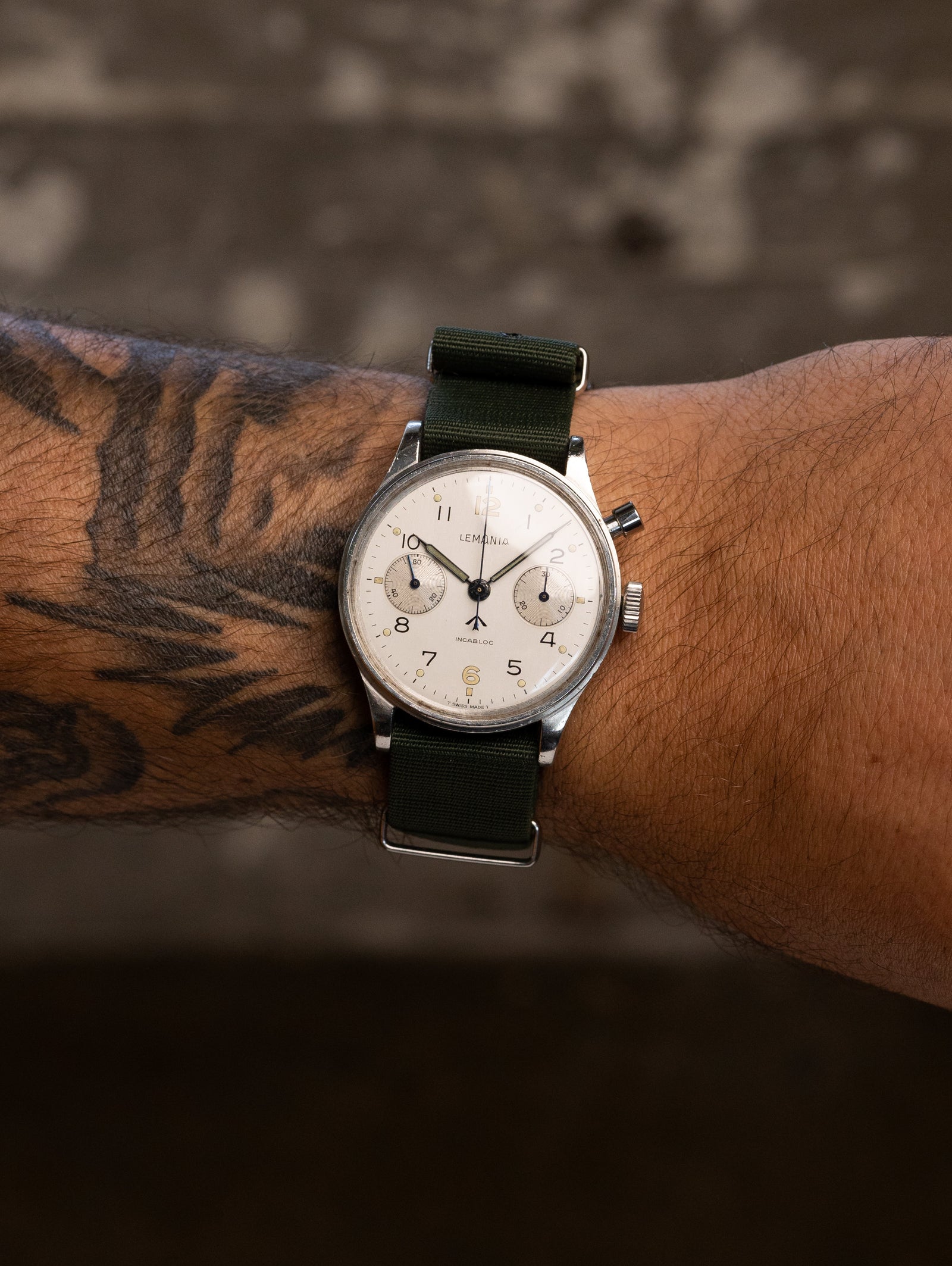 Lemania H.S.9 Monopusher Chronograph - 'Brushed' Silver Dial British Military Issued
