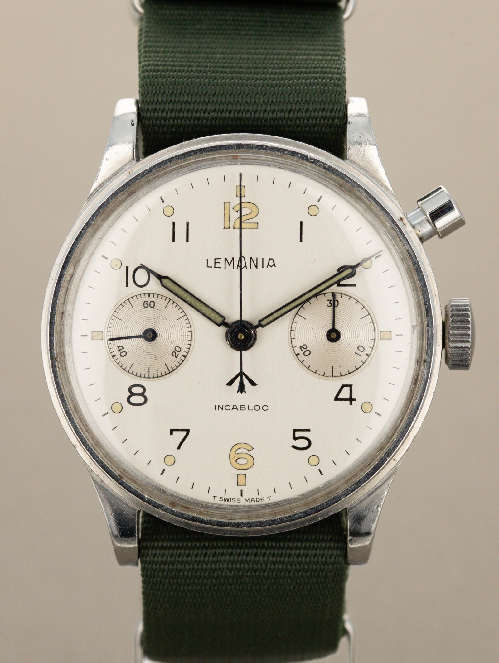 Lemania H.S.9 Monopusher Chronograph - 'Brushed' Silver Dial British Military Issued