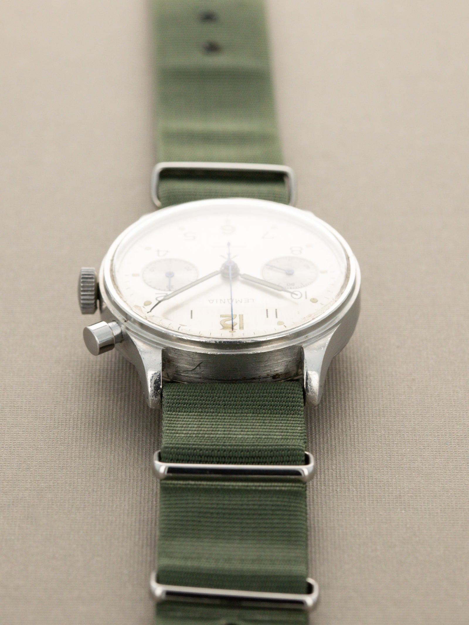 Lemania H.S.9 Monopusher Chronograph - 'Brushed' Silver Dial British Military Issued
