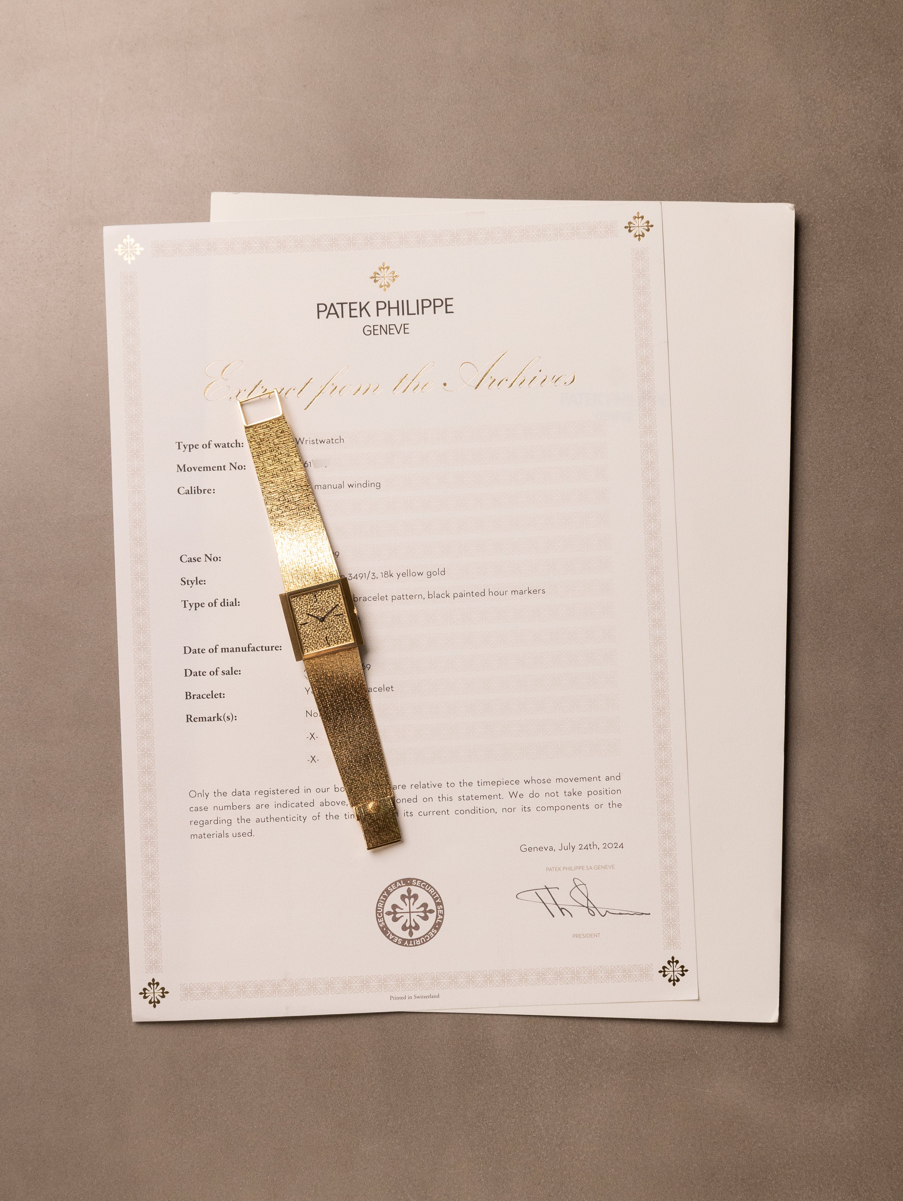 Patek Philippe Yellow Gold Rectangular Dress Watch - 'Cartier' Dial w/ Extract