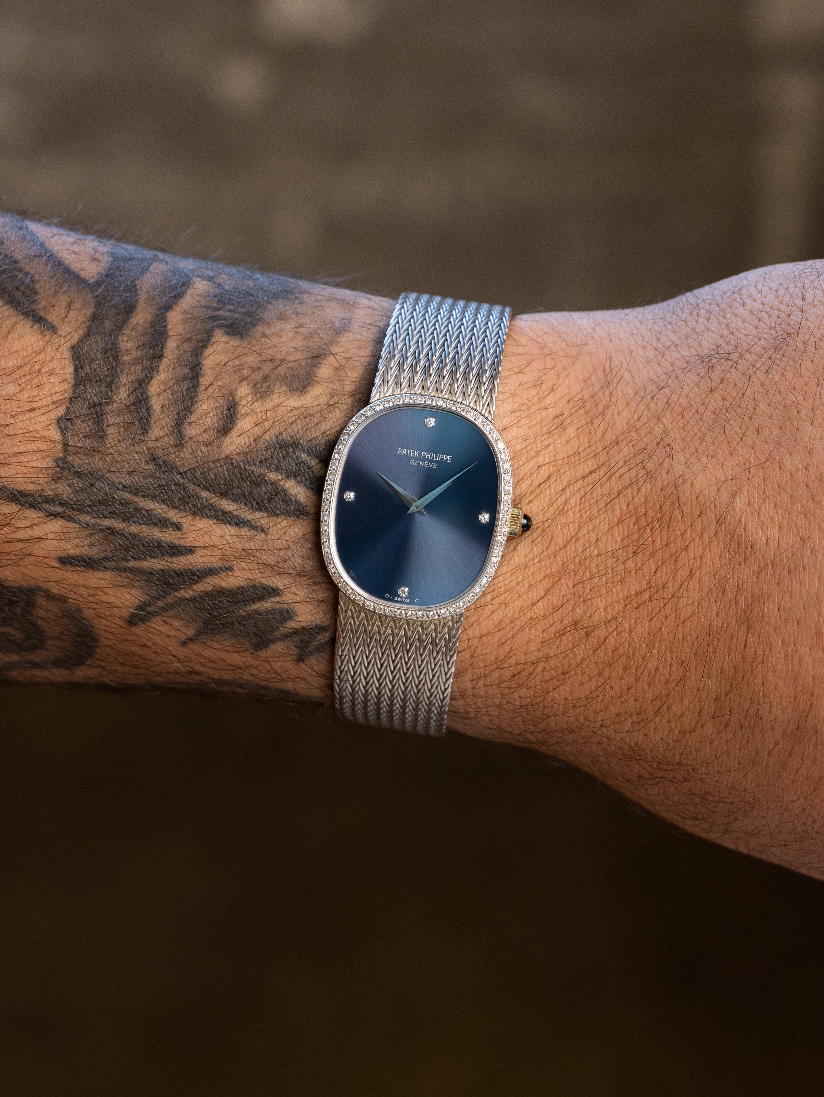 Patek Philippe White Gold Ellipse Ref. 3849/4 - Sunburst Blue 'Sigma' Dial w/ Diamonds