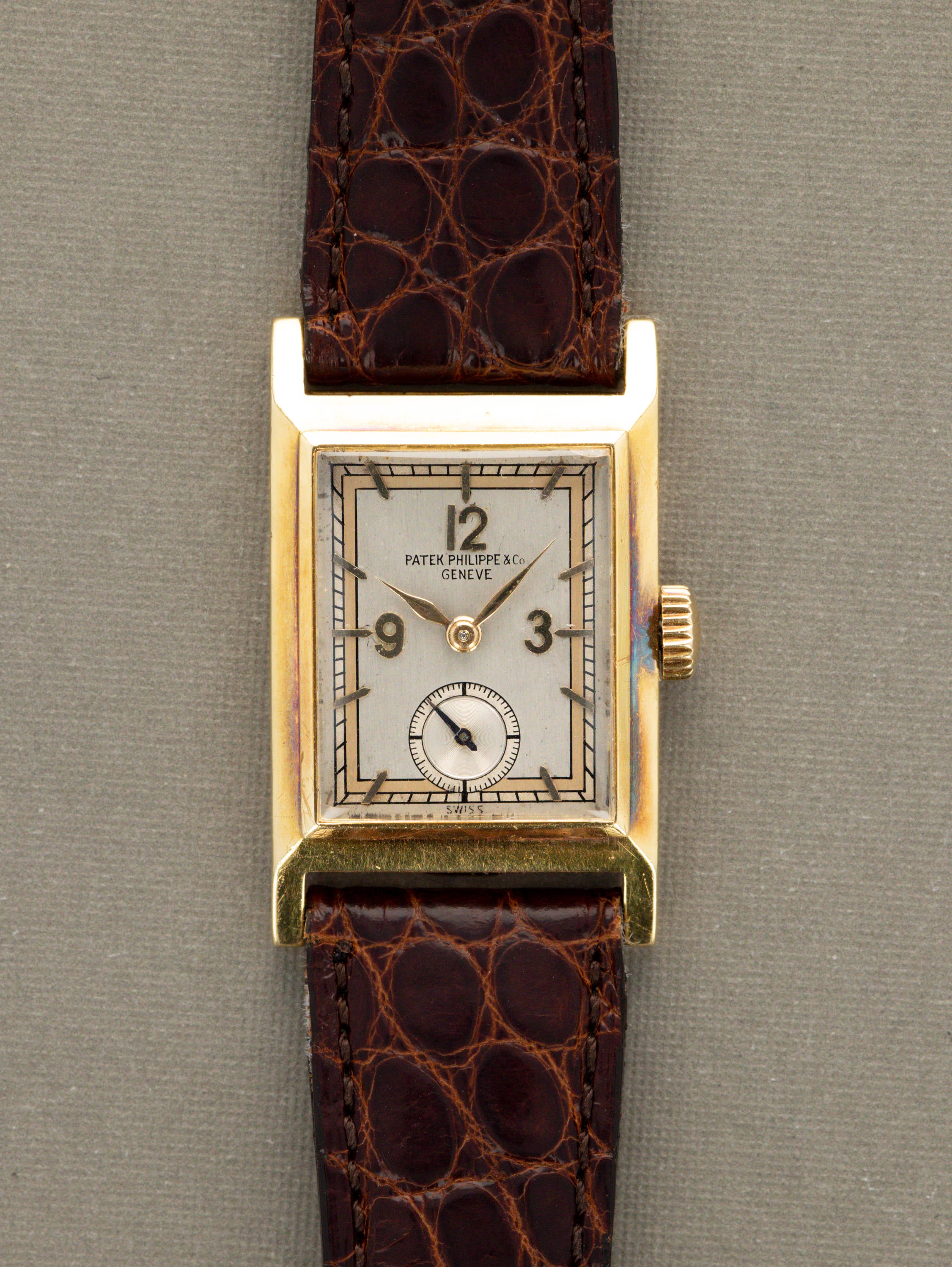 Patek Philippe Yellow Gold Rectangular Dress Watch - Multi-tone Silver 'Art Deco' Dial