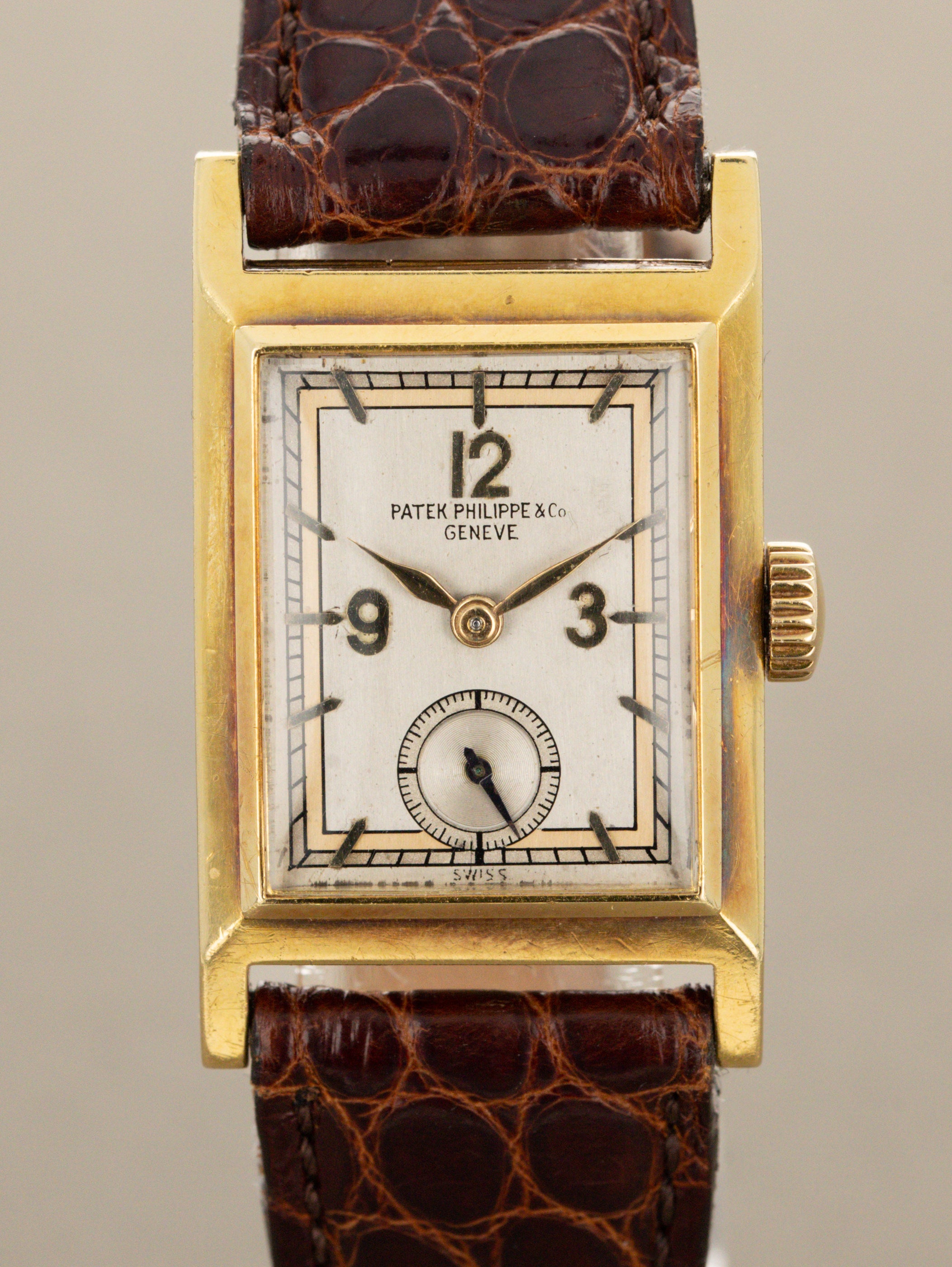 Patek Philippe Yellow Gold Rectangular Dress Watch - Multi-tone Silver 'Art Deco' Dial