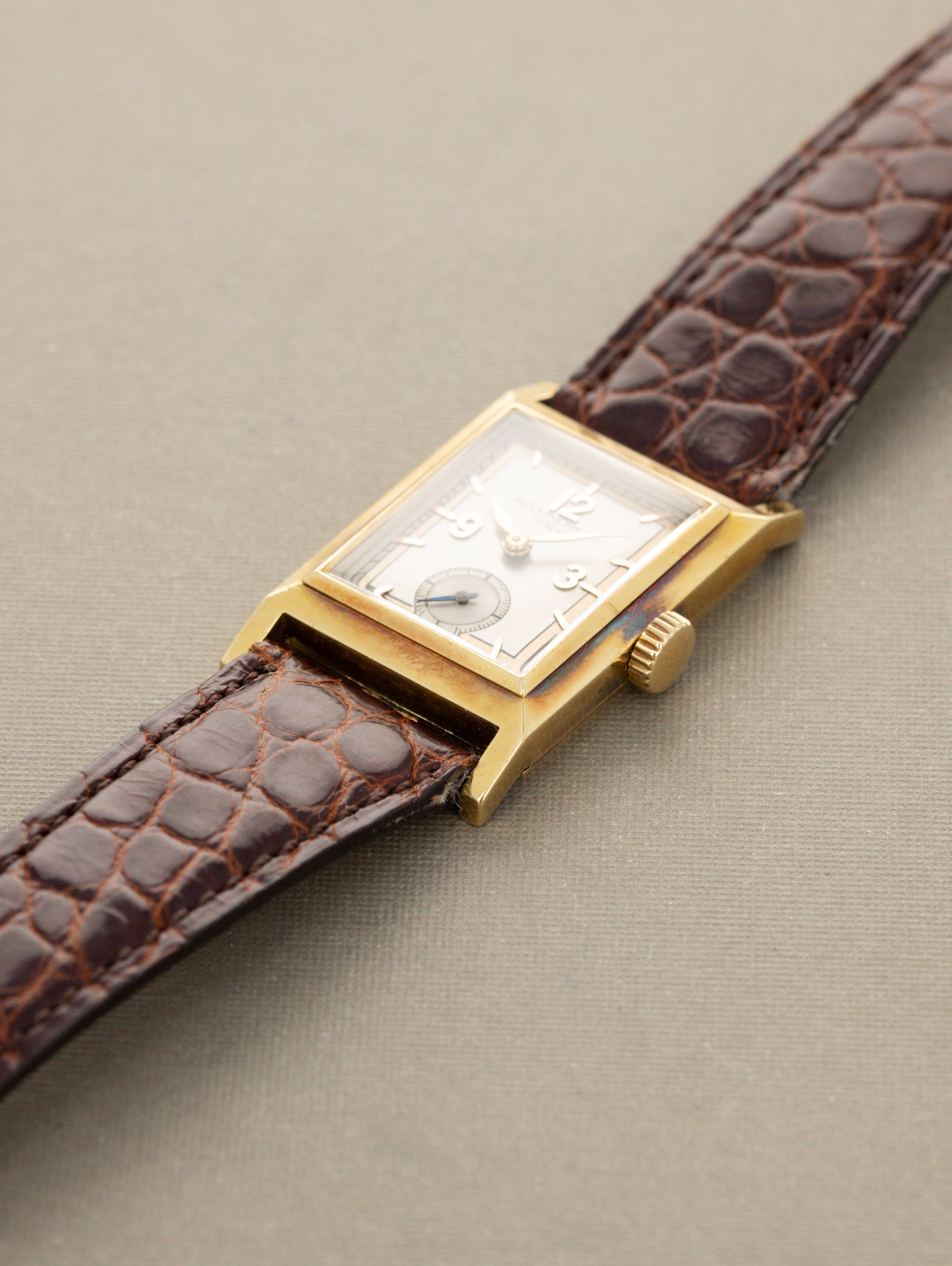 Patek Philippe Yellow Gold Rectangular Dress Watch - Multi-tone Silver 'Art Deco' Dial