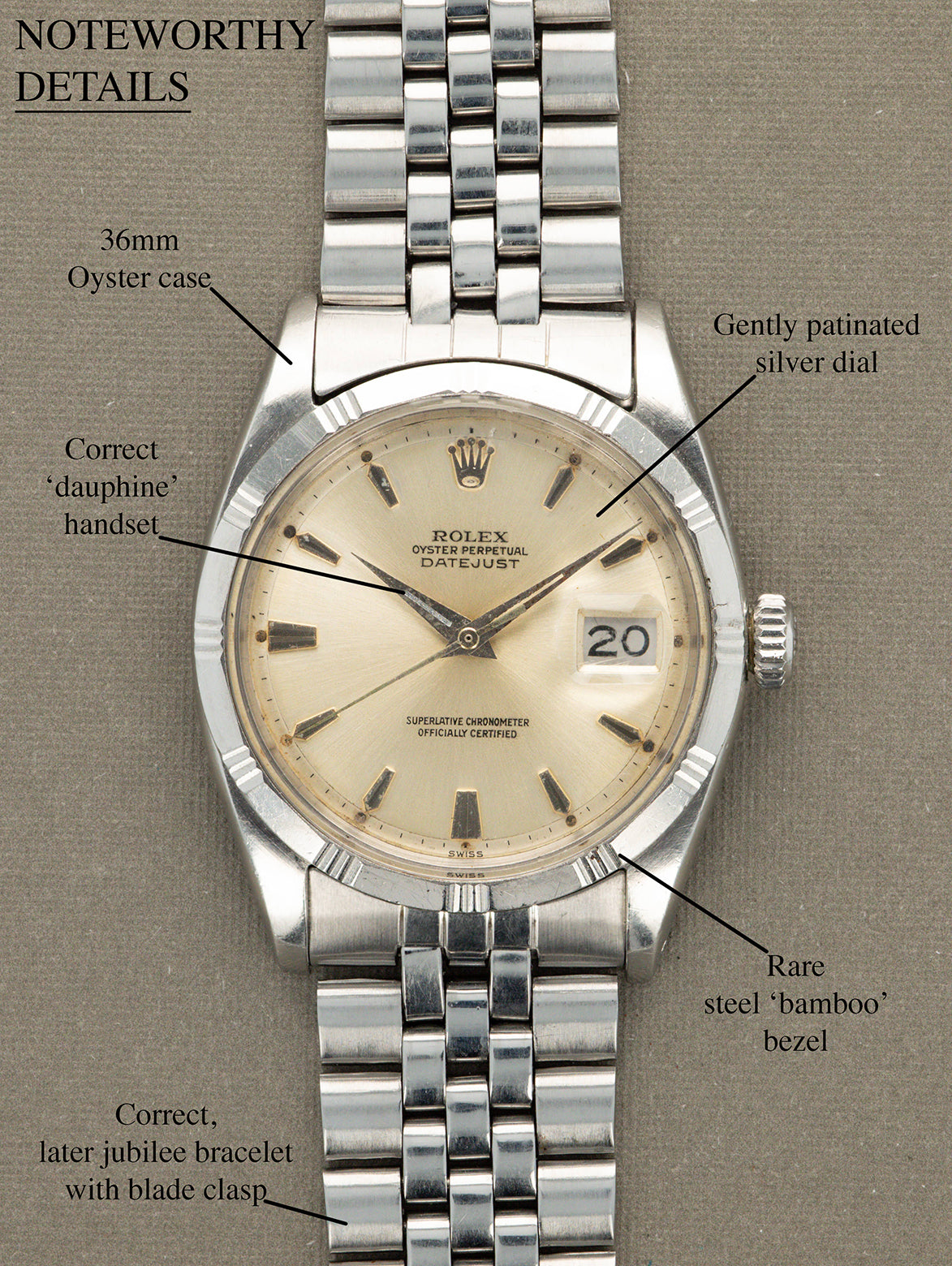 Rolex Datejust Ref. 1603 'Bamboo' - Sunburst Silver Patina Dial