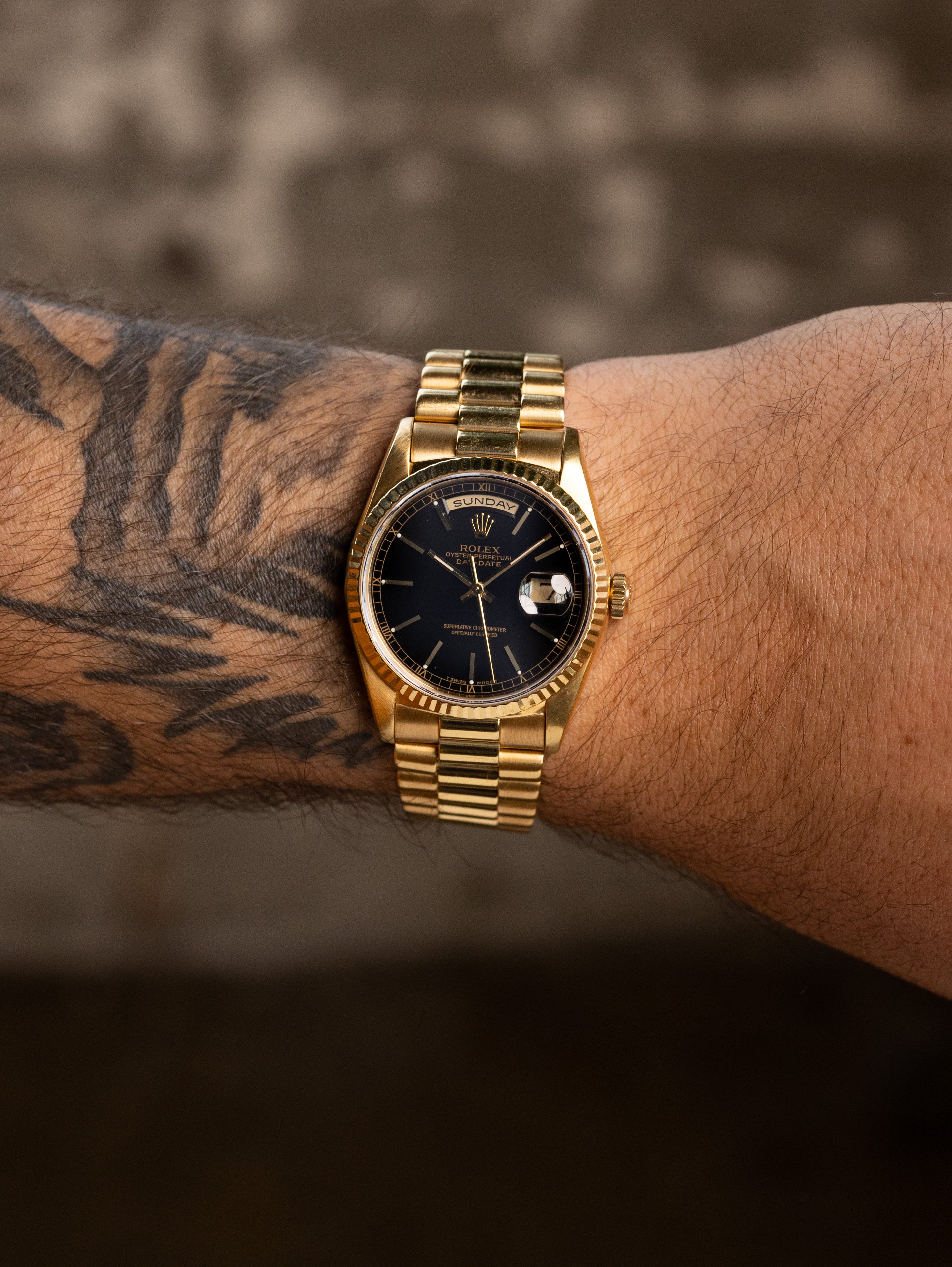 Rolex Day-Date Ref. 18238 - Black 'Sunburst' Dial W/ Rolex Service Car
