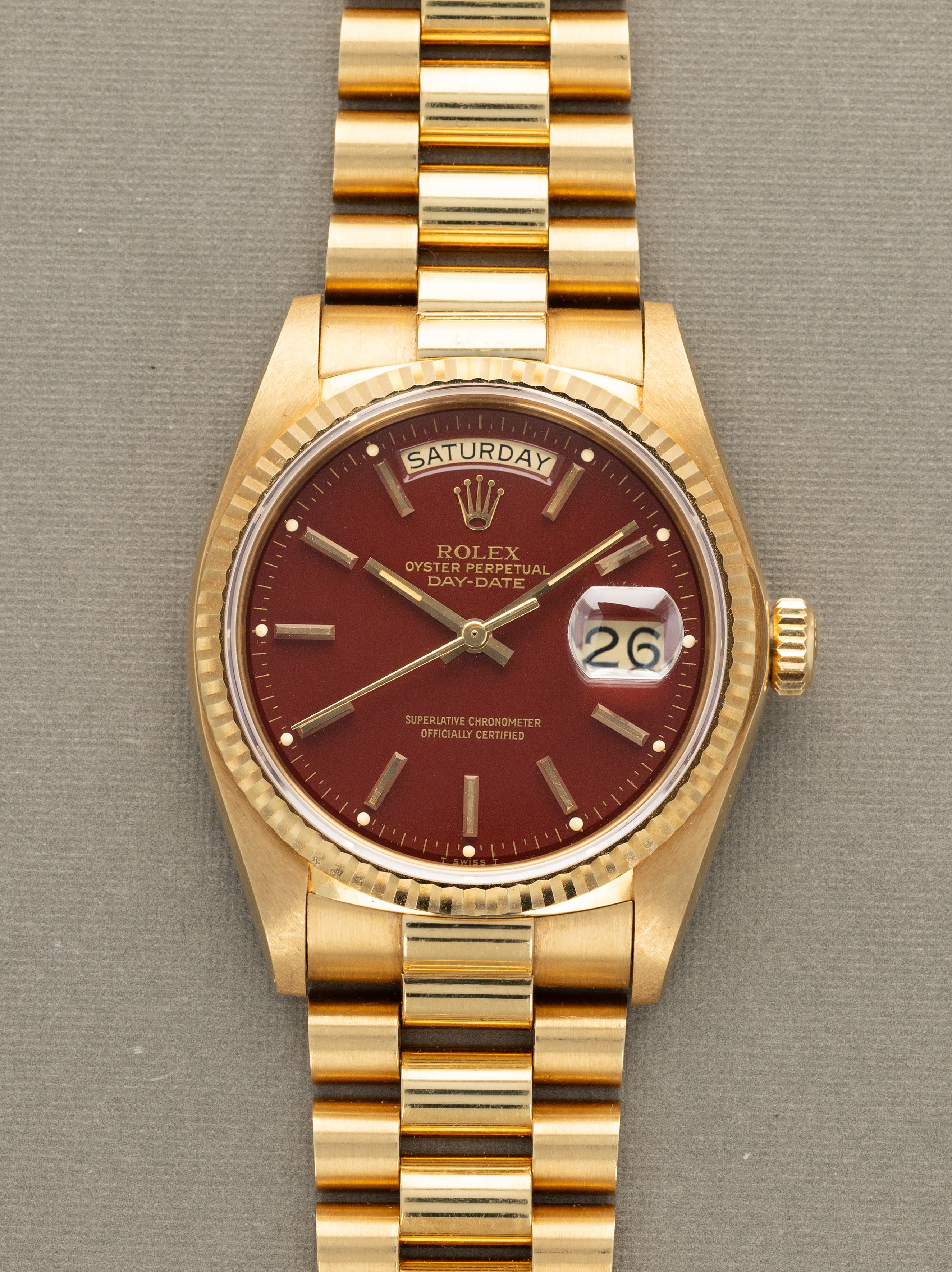 Rolex Day-Date Ref. 18038 - Oxblood 'Stella' Dial Retailed by Van Cleef & Arpels Unpolished