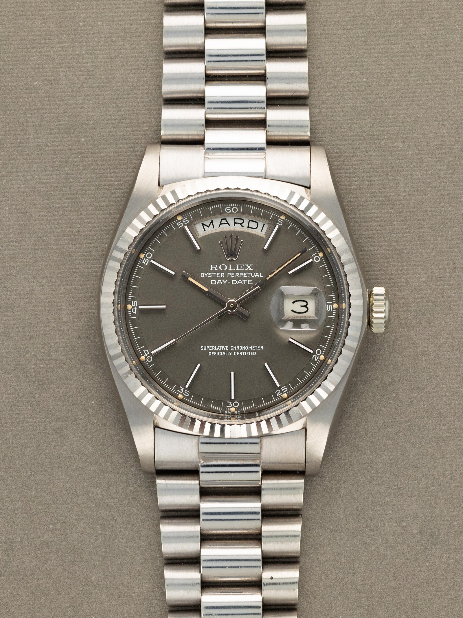 Rolex Day-Date Ref. 1803/9 - Satin Grey Dial Unpolished W/ Box & Papers