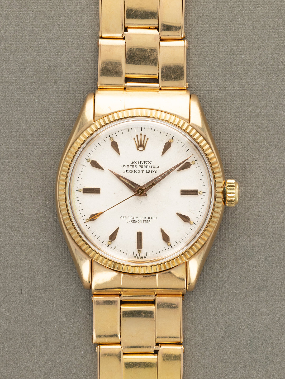 Rolex Oyster Perpetual Ref. 6567 Rose Gold - Satin Silver 'Serpico Y Laino' Dial
