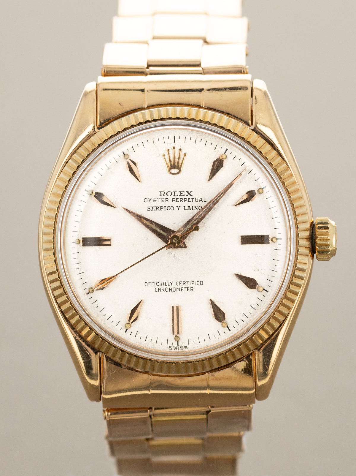 Rolex Oyster Perpetual Ref. 6567 Rose Gold - Satin Silver 'Serpico Y Laino' Dial