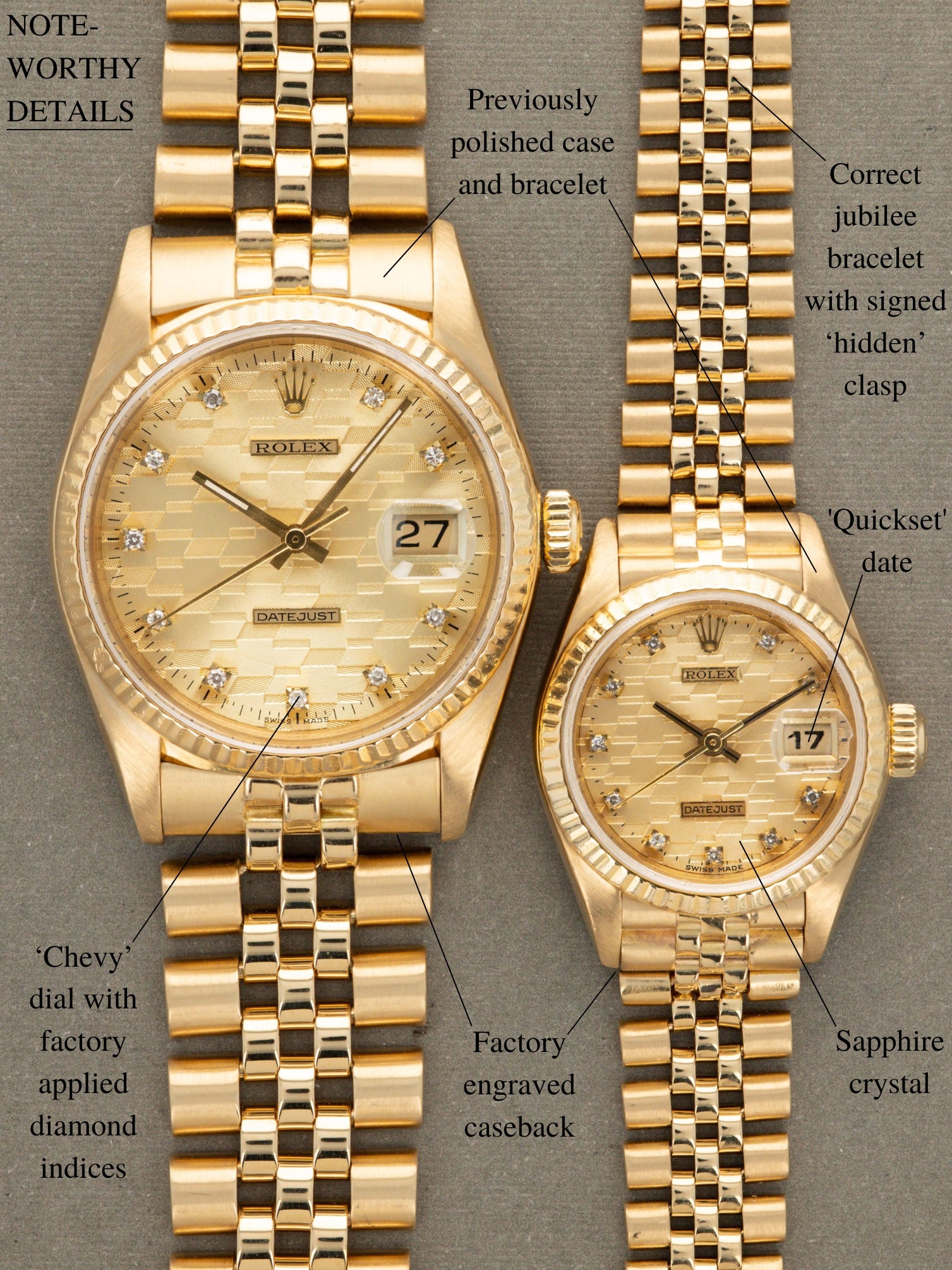 Rolex Datejust Ref. 16018 & 69178 - His & Her Pair 'Chevy Diamond Jubilee Award'