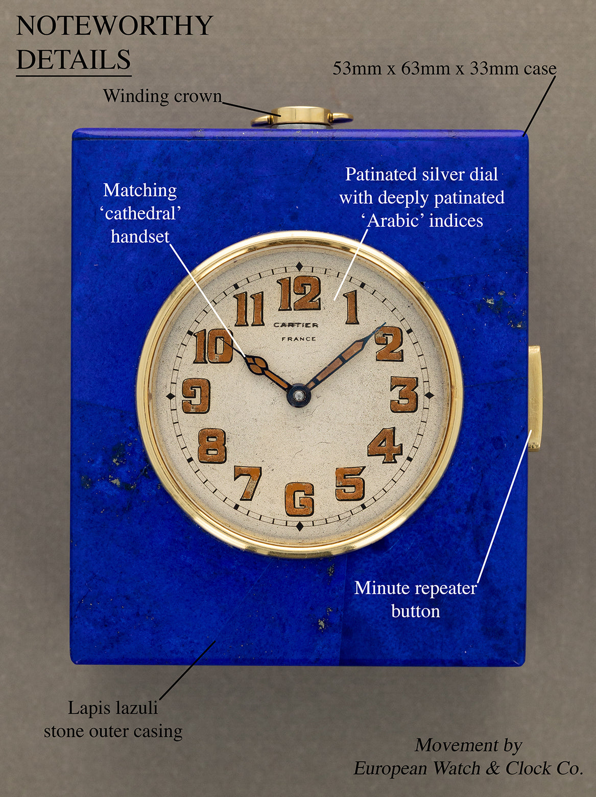 Cartier Lapis Lazuli Minute Repeater Clock - Silver dial w/ EWC Movement