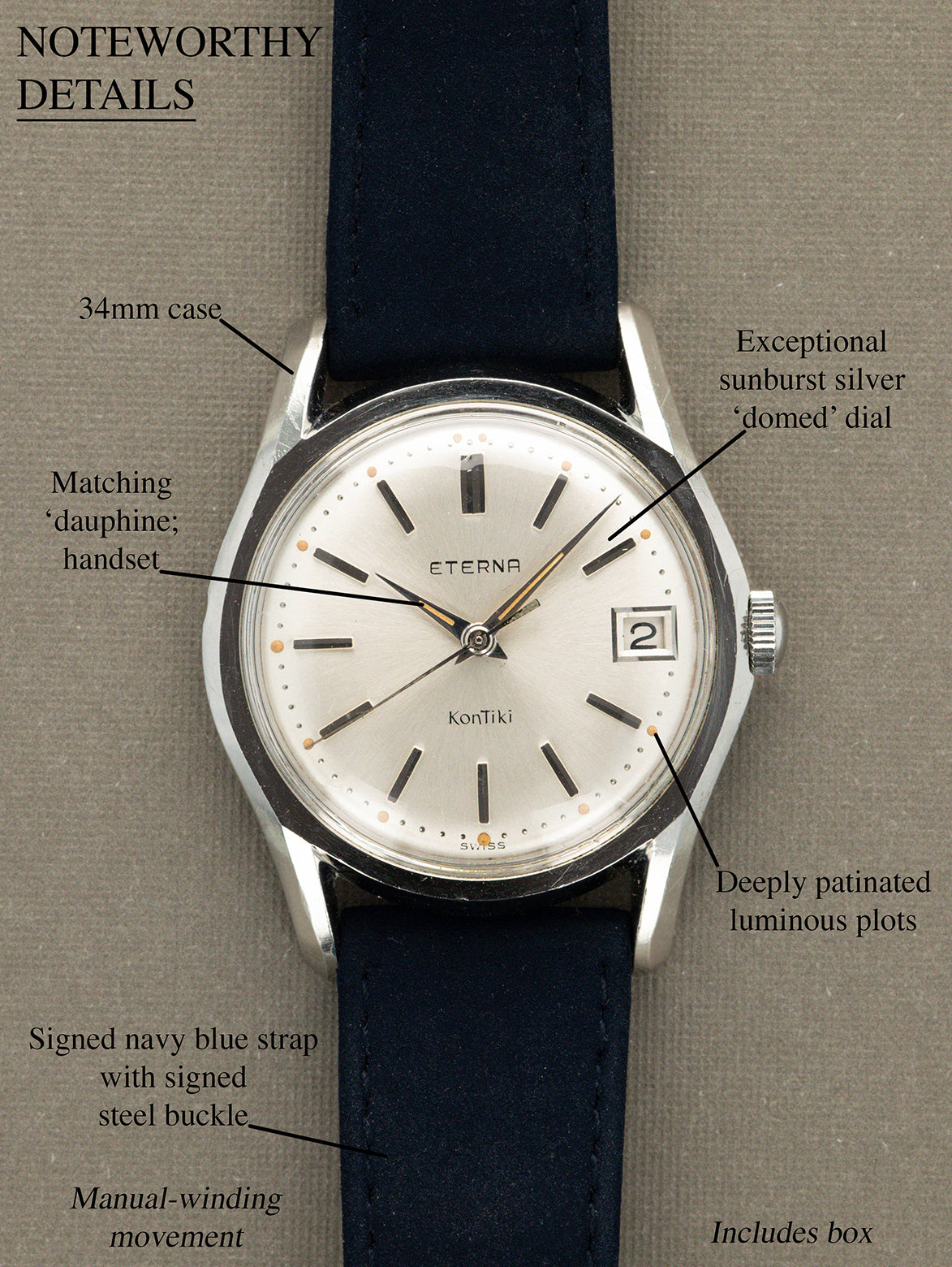 Eterna KonTiki Ref. 130T - Sunburst Silver 'Domed' Dial Unpolished W/ Box