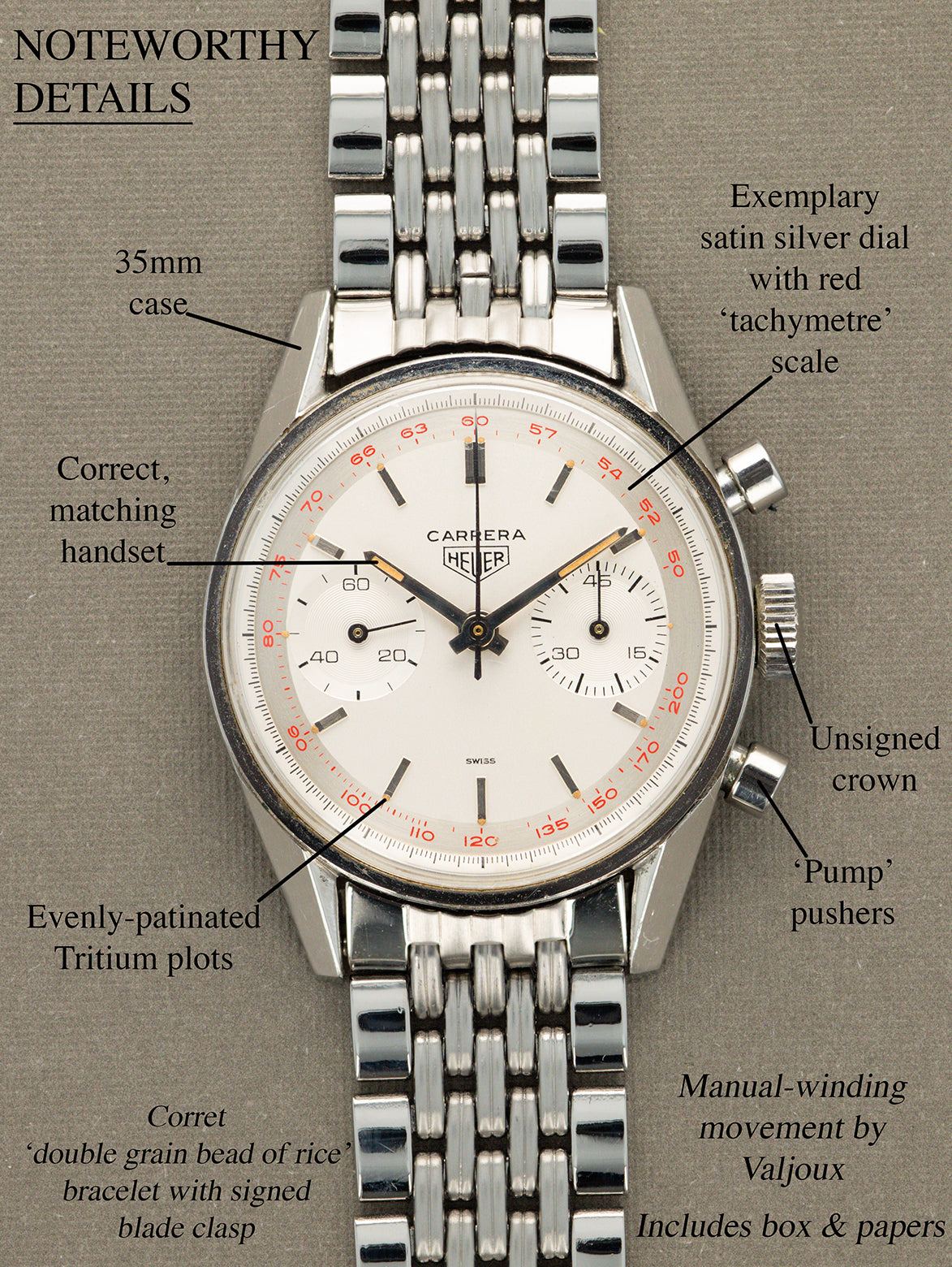 Heuer Carrera Ref. 3647T - Sunburst Silver 'Red Tachy' Dial Unpolished w/ Box & Papers