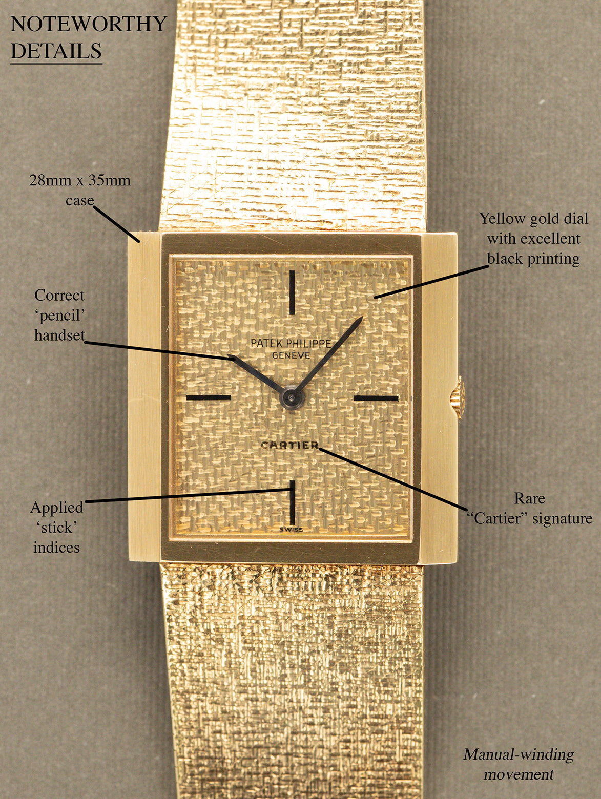 Patek Philippe Yellow Gold Rectangular Dress Watch - 'Cartier' Dial w/ Extract