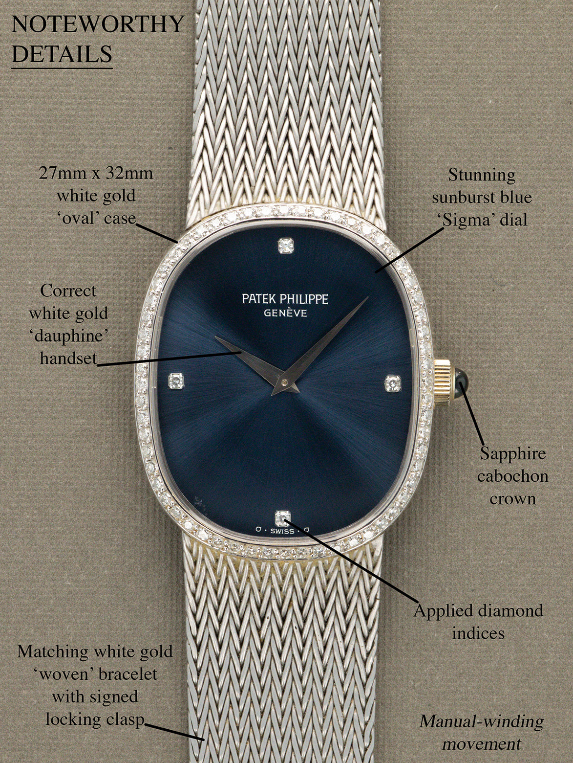 Patek Philippe White Gold Ellipse Ref. 3849/4 - Sunburst Blue 'Sigma' Dial w/ Diamonds