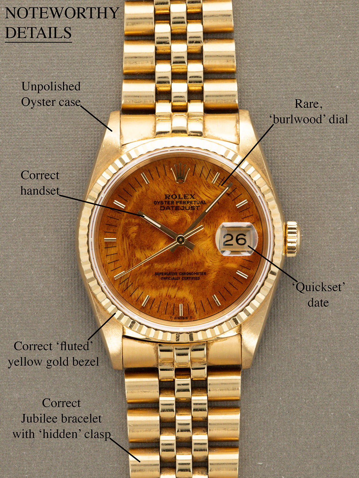 Rolex Datejust Ref. 16238 'Quickset' - 'Burlwood' Dial Unpolished