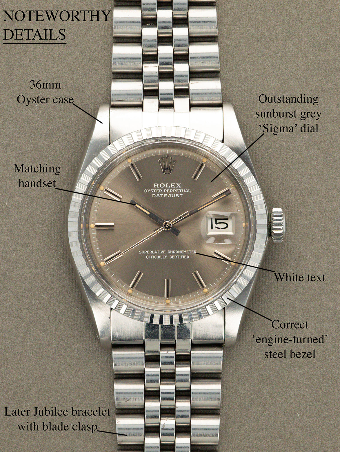 Rolex Datejust Ref. 1603 - Sunburst Taupe 'Sigma' Dial w/ White Text Unpolished