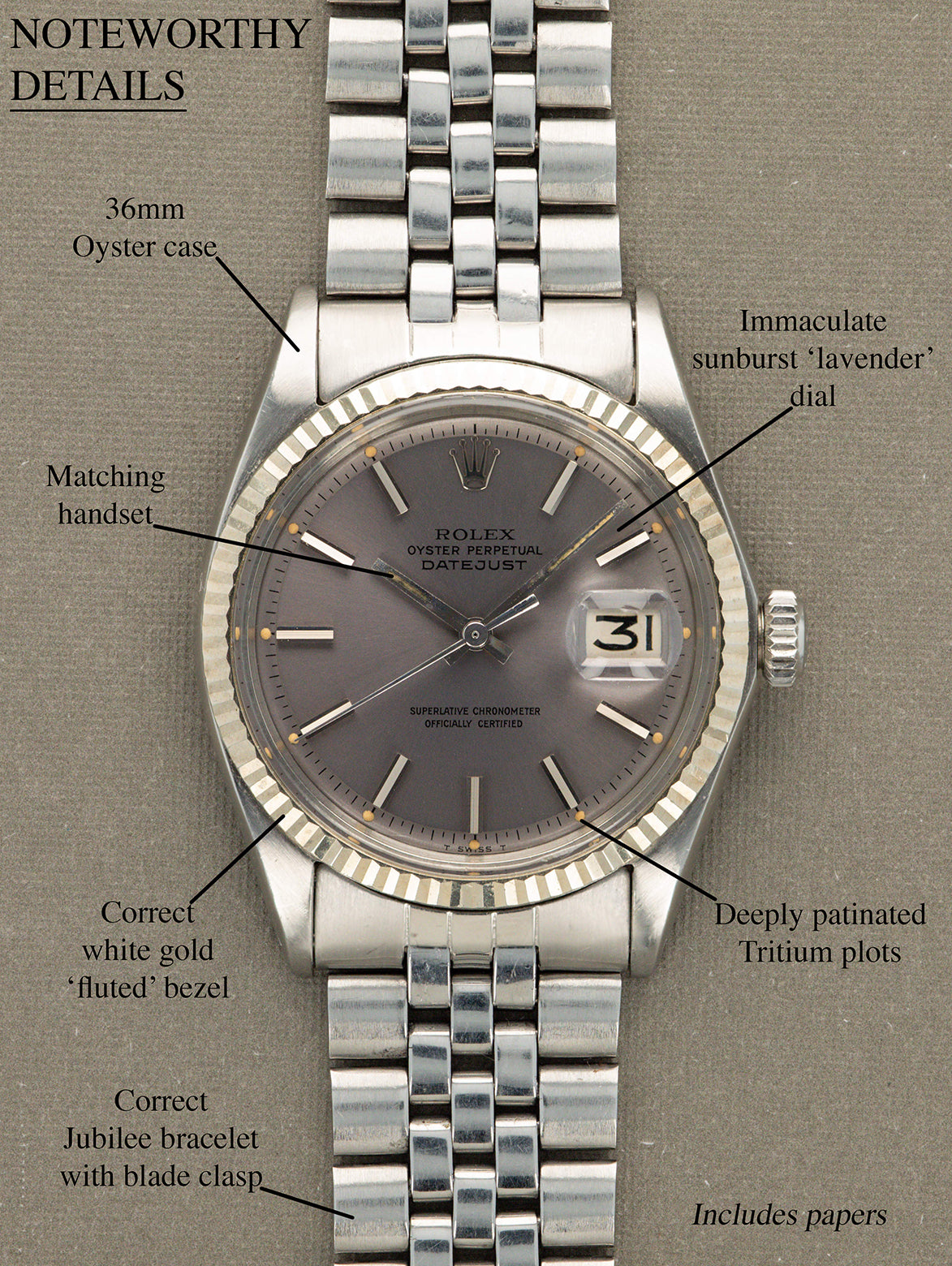Rolex Datejust Ref. 1601  - 'Lavender' Dial W/ Papers