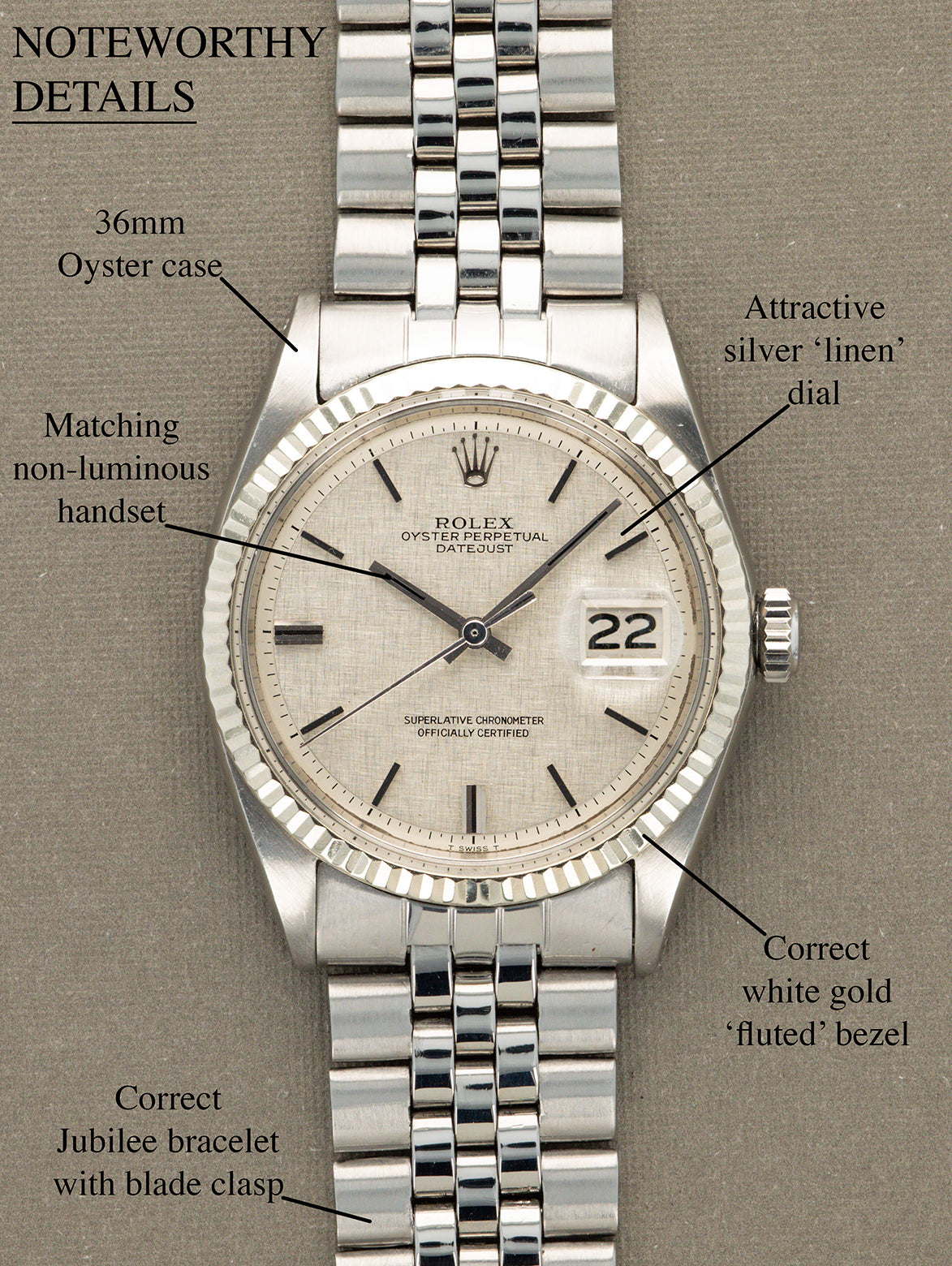 Rolex Datejust Ref. 1601 - Silver 'Linen' Non-Luminous Dial