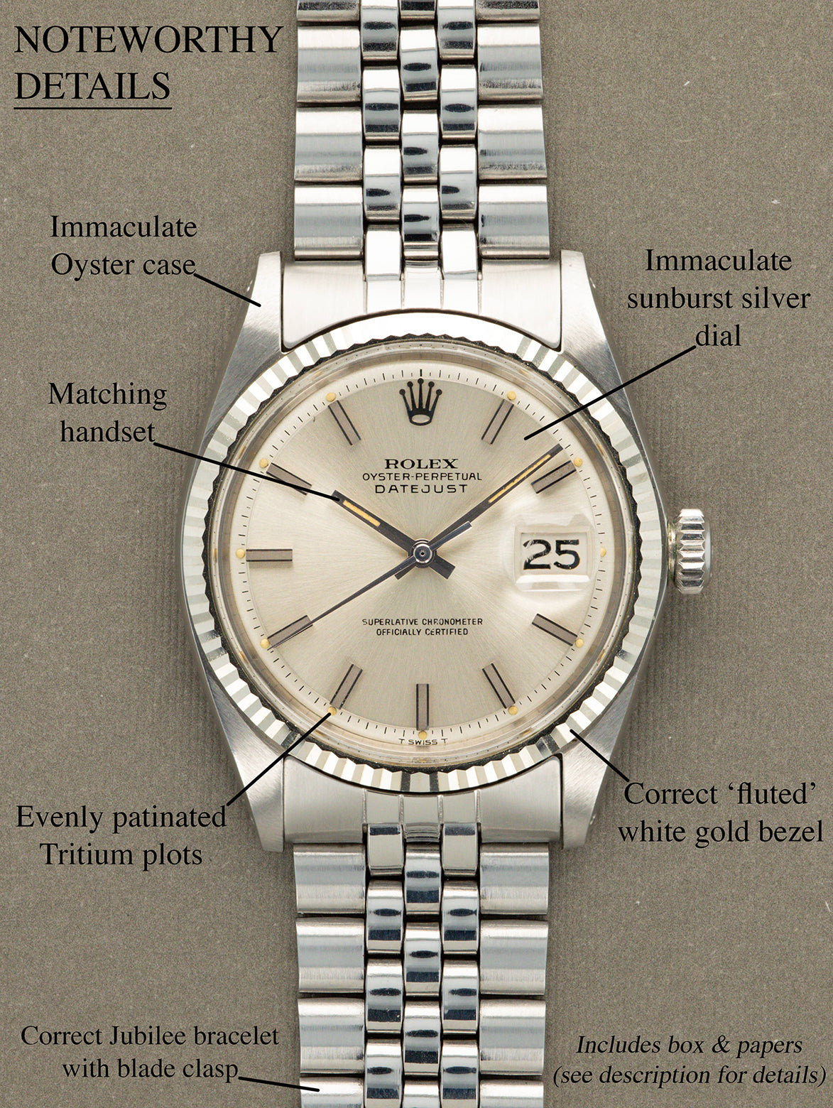 Rolex Datejust Ref. 1601  - Sunburst Silver Dial LNOS w/ Box & Papers