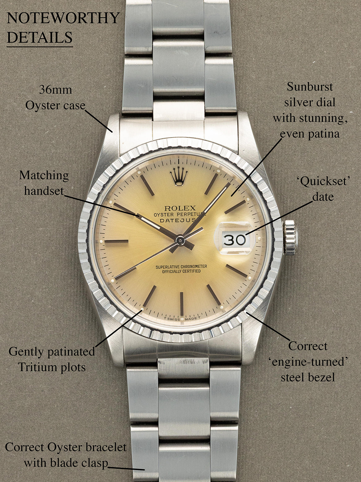 Rolex Datejust Ref. 16220 - Sunburst Silver 'Tropical' Dial