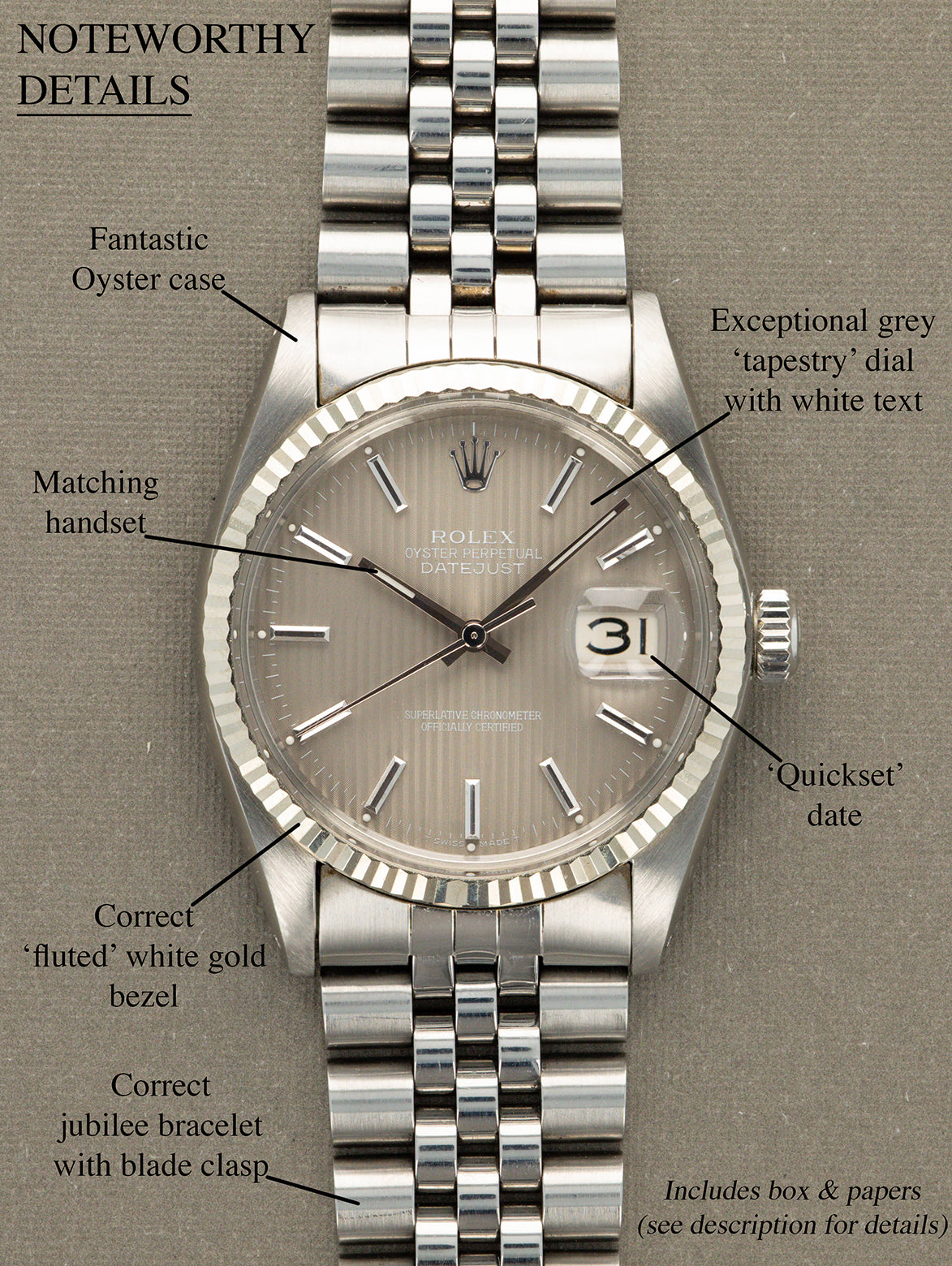 Rolex Datejust Ref. 16014 - Grey 'Tapestry' Dial W/ Box & Papers