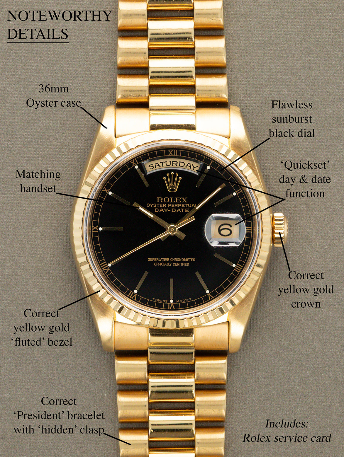 Rolex Day-Date Ref. 18238 - Black 'Sunburst' Dial W/ Rolex Service Card