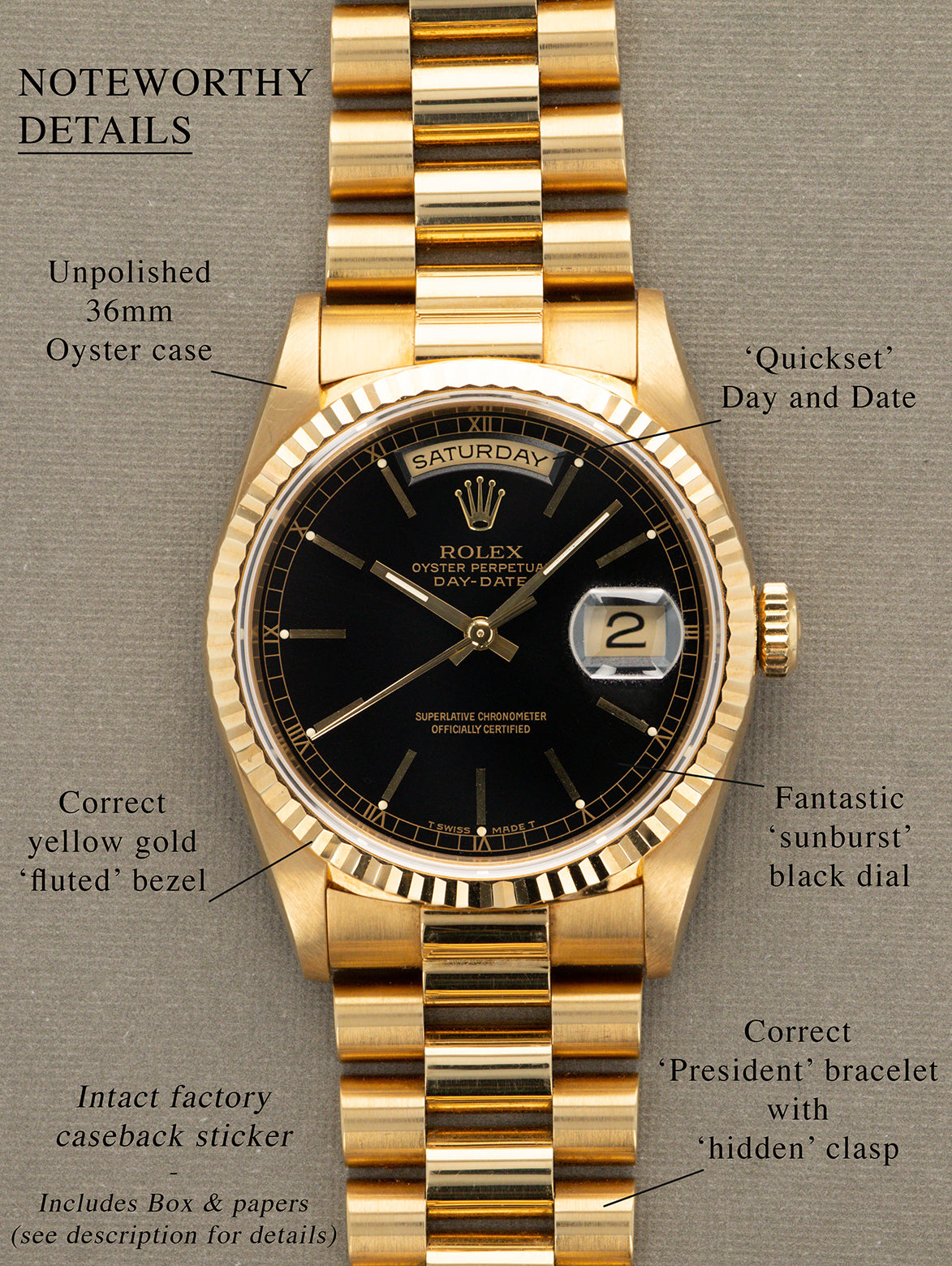 Rolex Day-Date Ref. 18238 - Black 'Sunburst' Dial Unpolished W/ Box & Papers