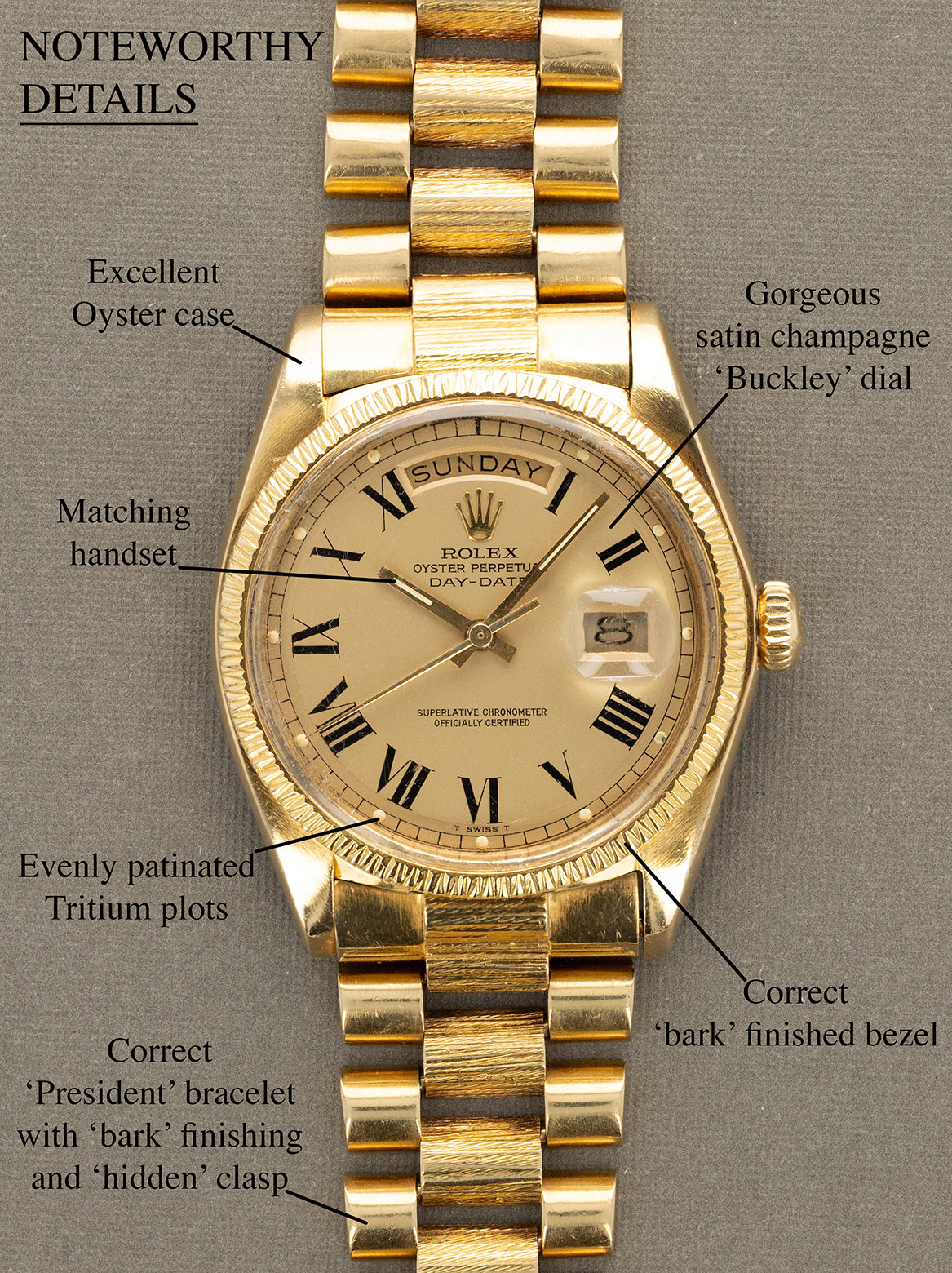 Rolex Day-Date Ref. 1807 'Bark' - Satin Champagne 'Buckley' Dial Unpol