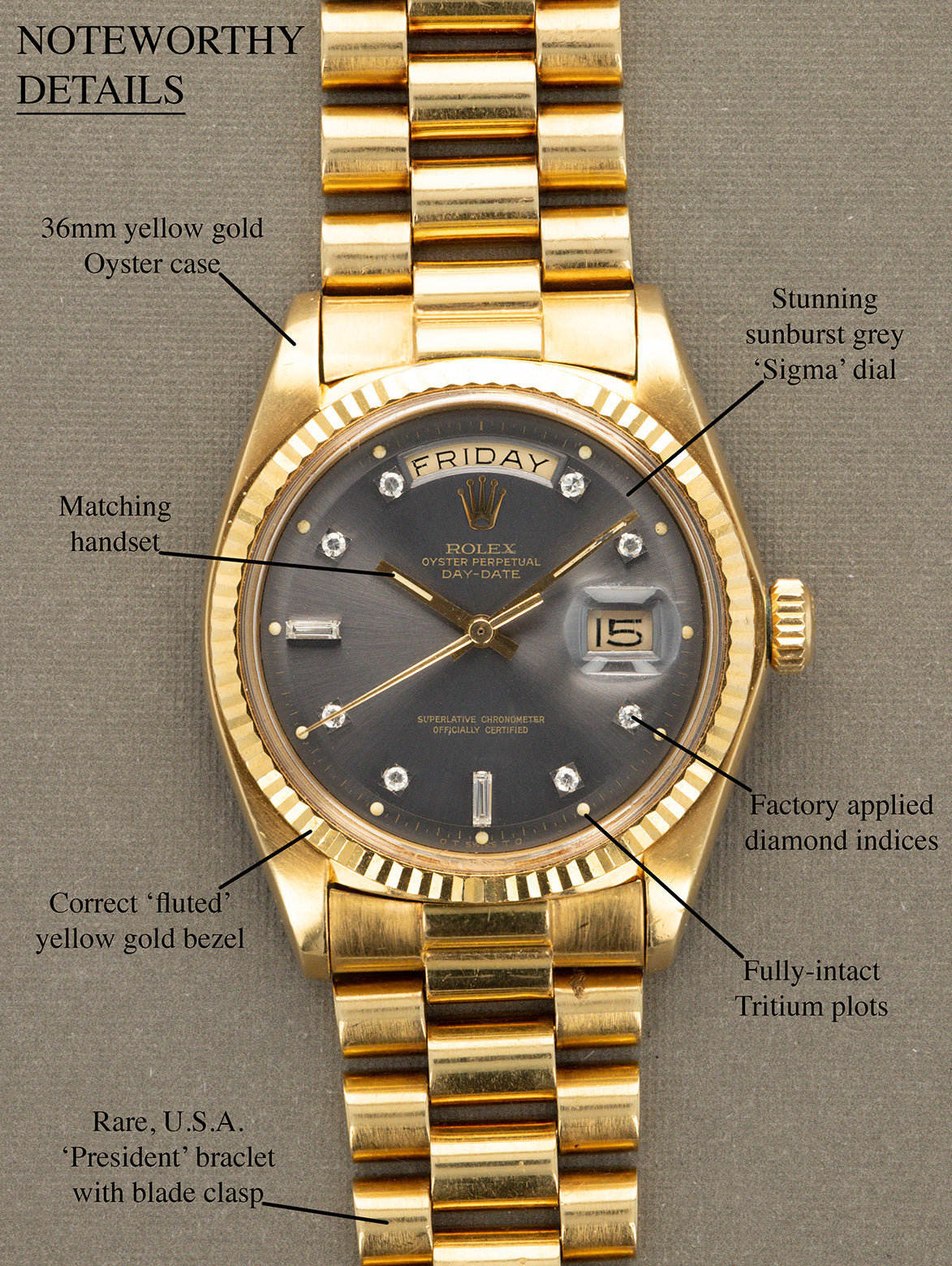 Rolex Day-Date Ref. 1803 - Sunburst Grey 'Sigma' Dial W/ Diamond Indices Unpolished