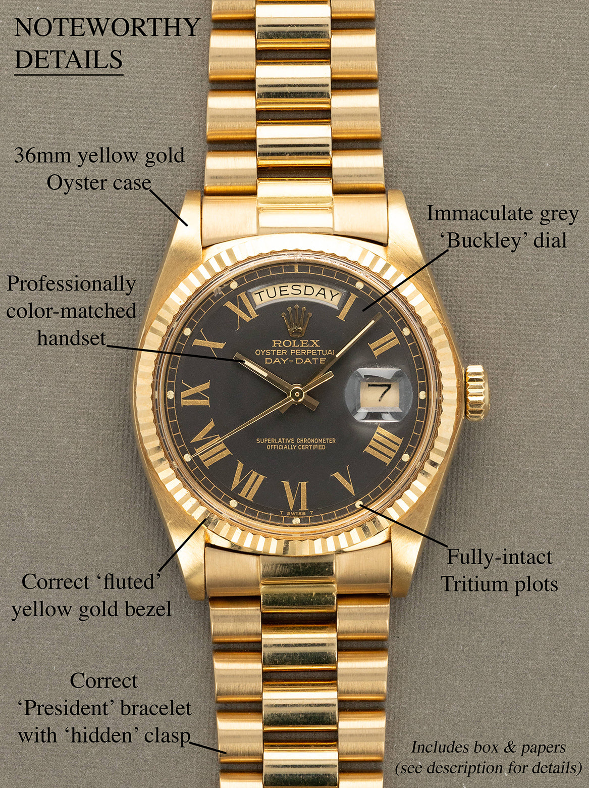 Rolex Day-Date Ref. 1803 - Grey 'Buckley' Dial W/ Box & Papers